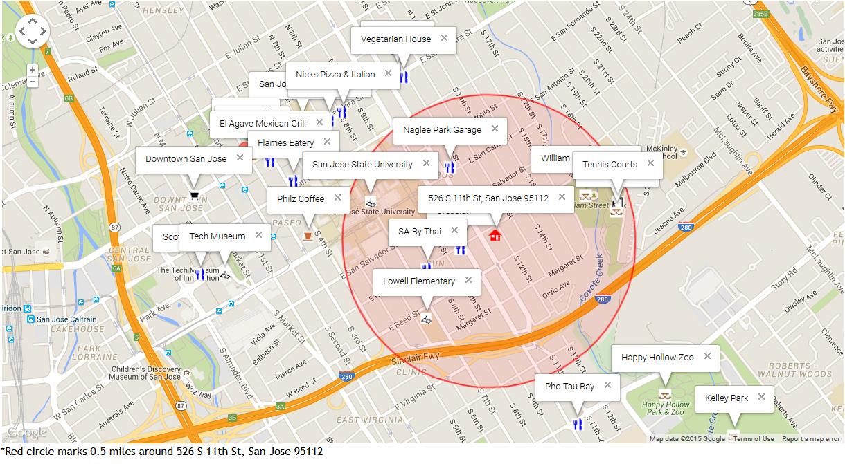 Map of attractions near 526 S 11th St, San Jose 95112