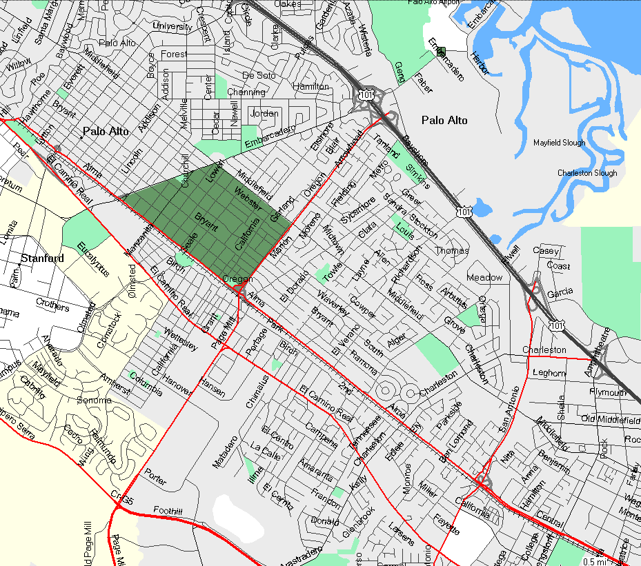 Map of Palo Alto's Old Palo Alto Neighborhood