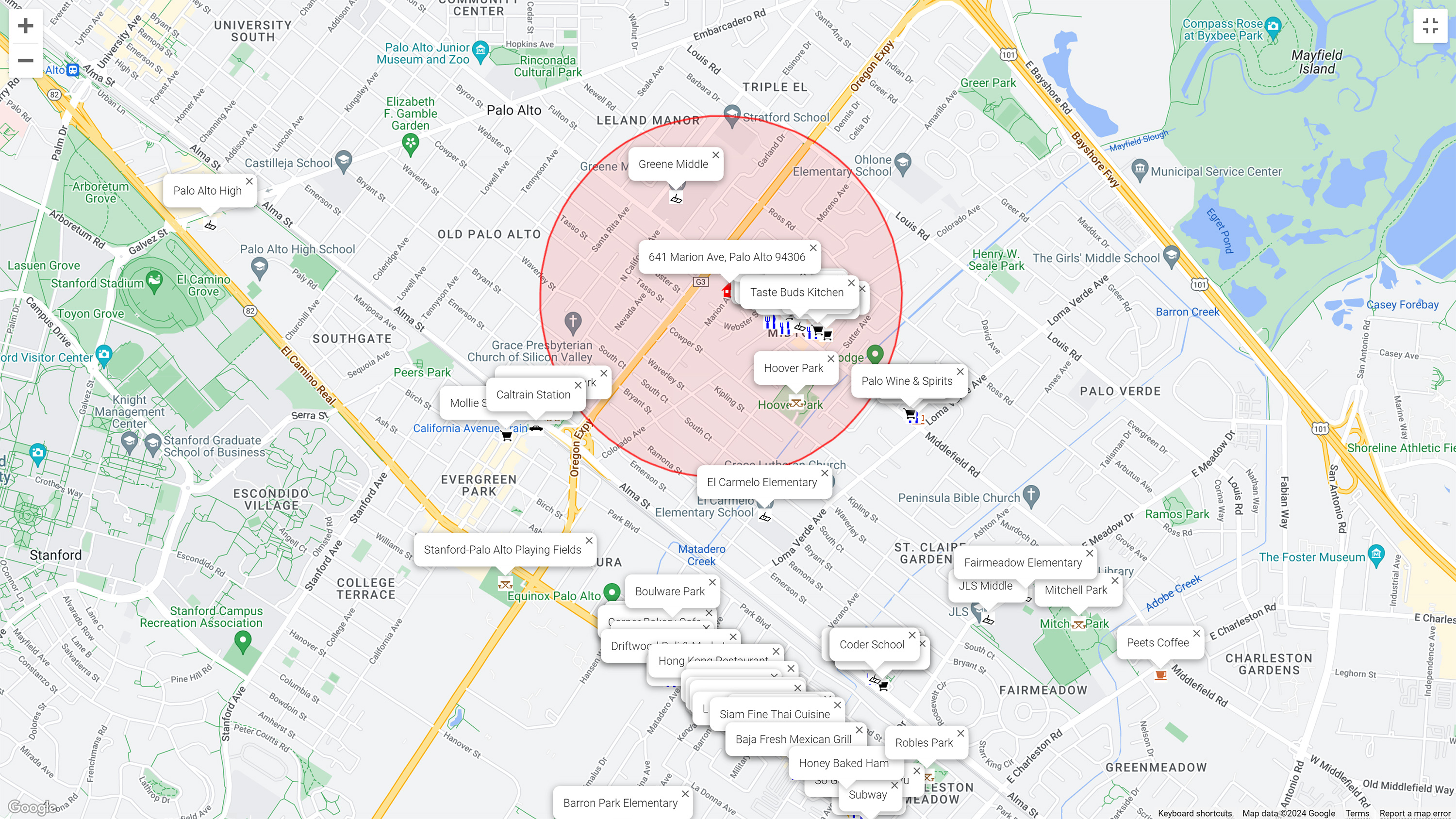 Map of attractions near 641 Marion Ave, Palo Alto 94301