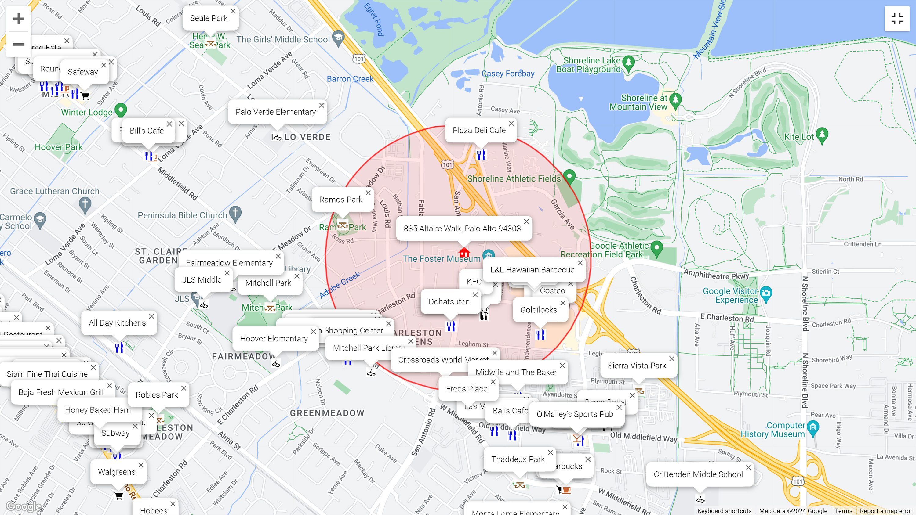 Map of attractions near 885 Altaire Walk, Palo Alto 94303