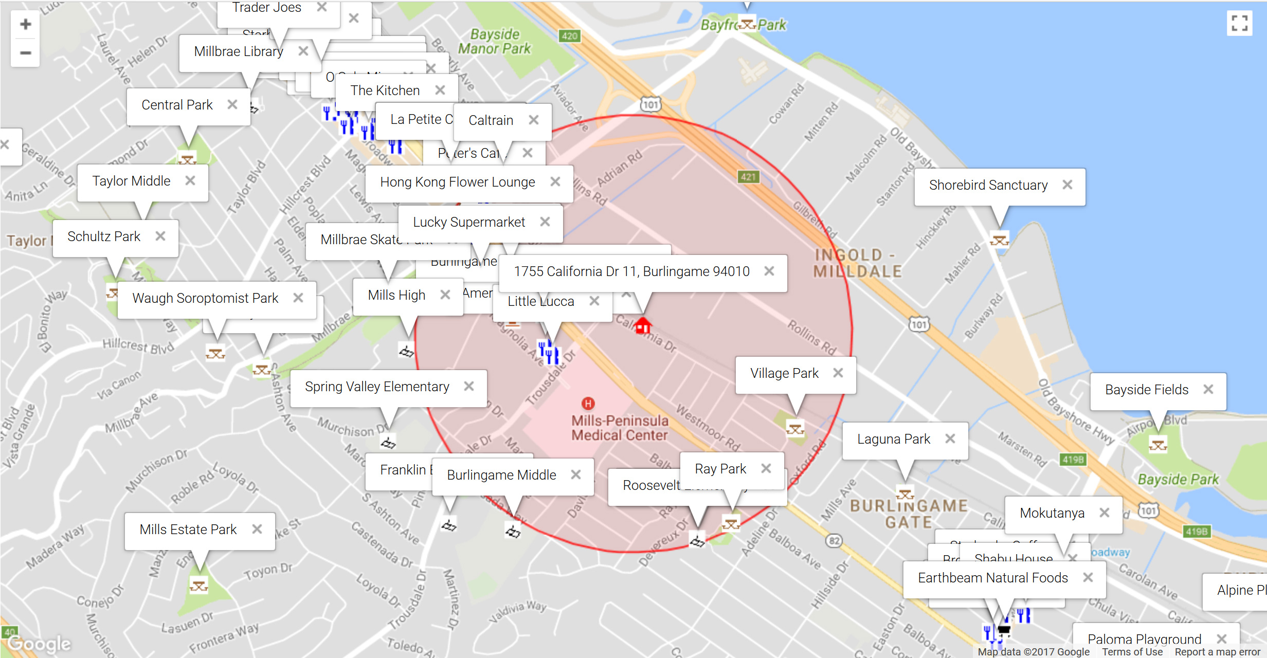 Map of attractions near 1755 California Dr 11, Burlingame 94010