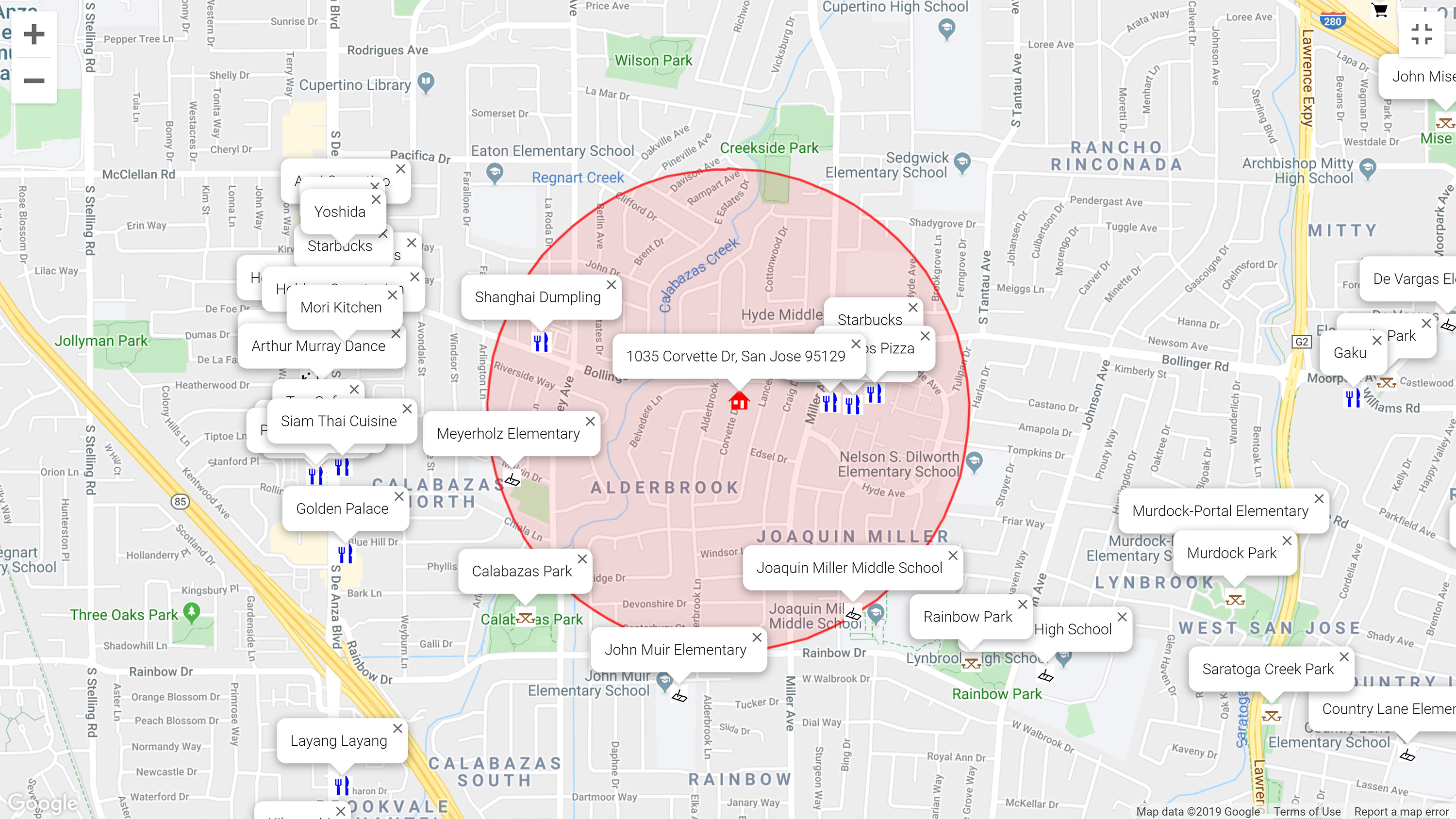 Map of attractions near 1035 Corvette Dr, San Jose 95129