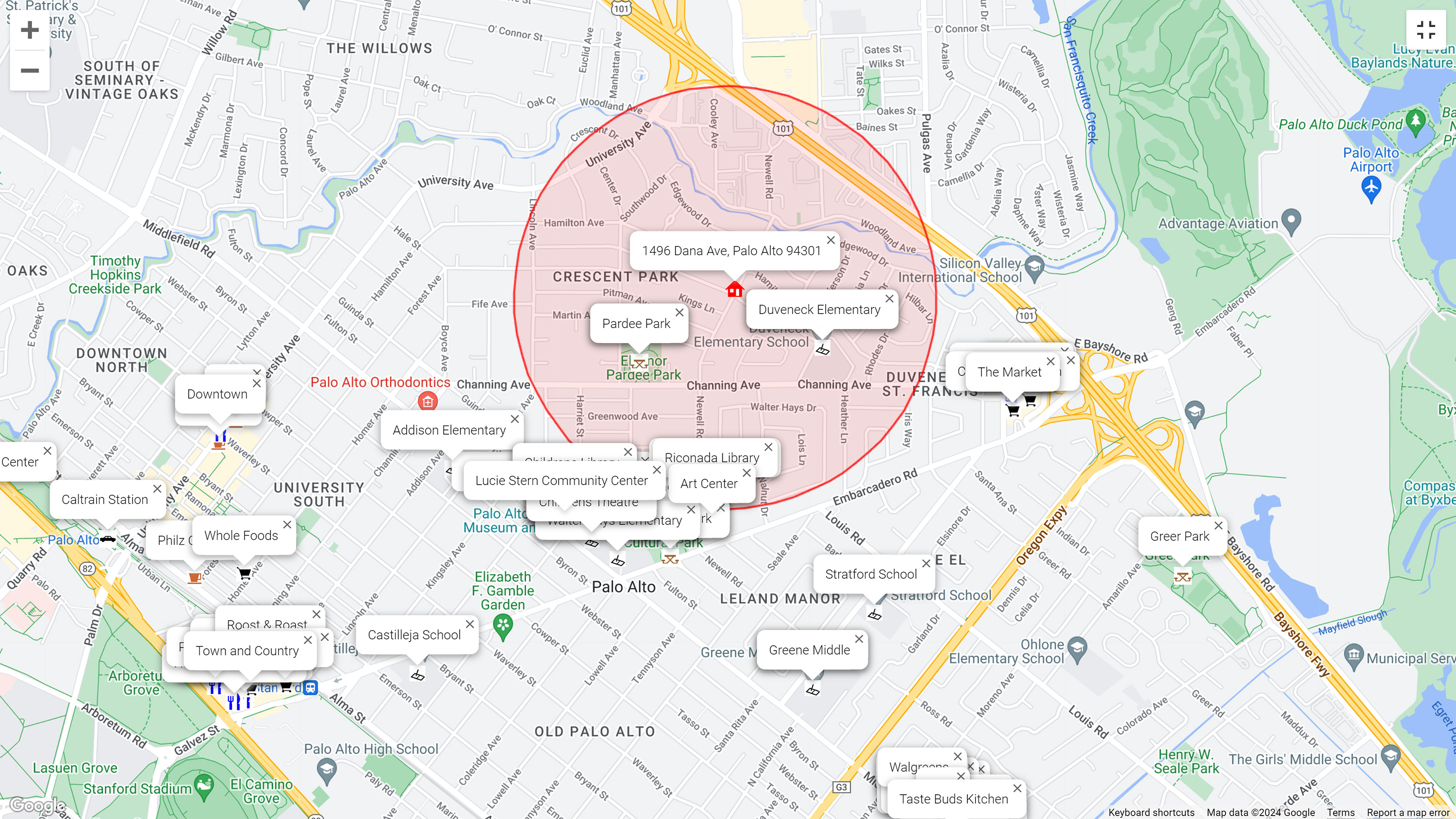 Map of attractions near 1496 Dana Ave, Palo Alto 94301
