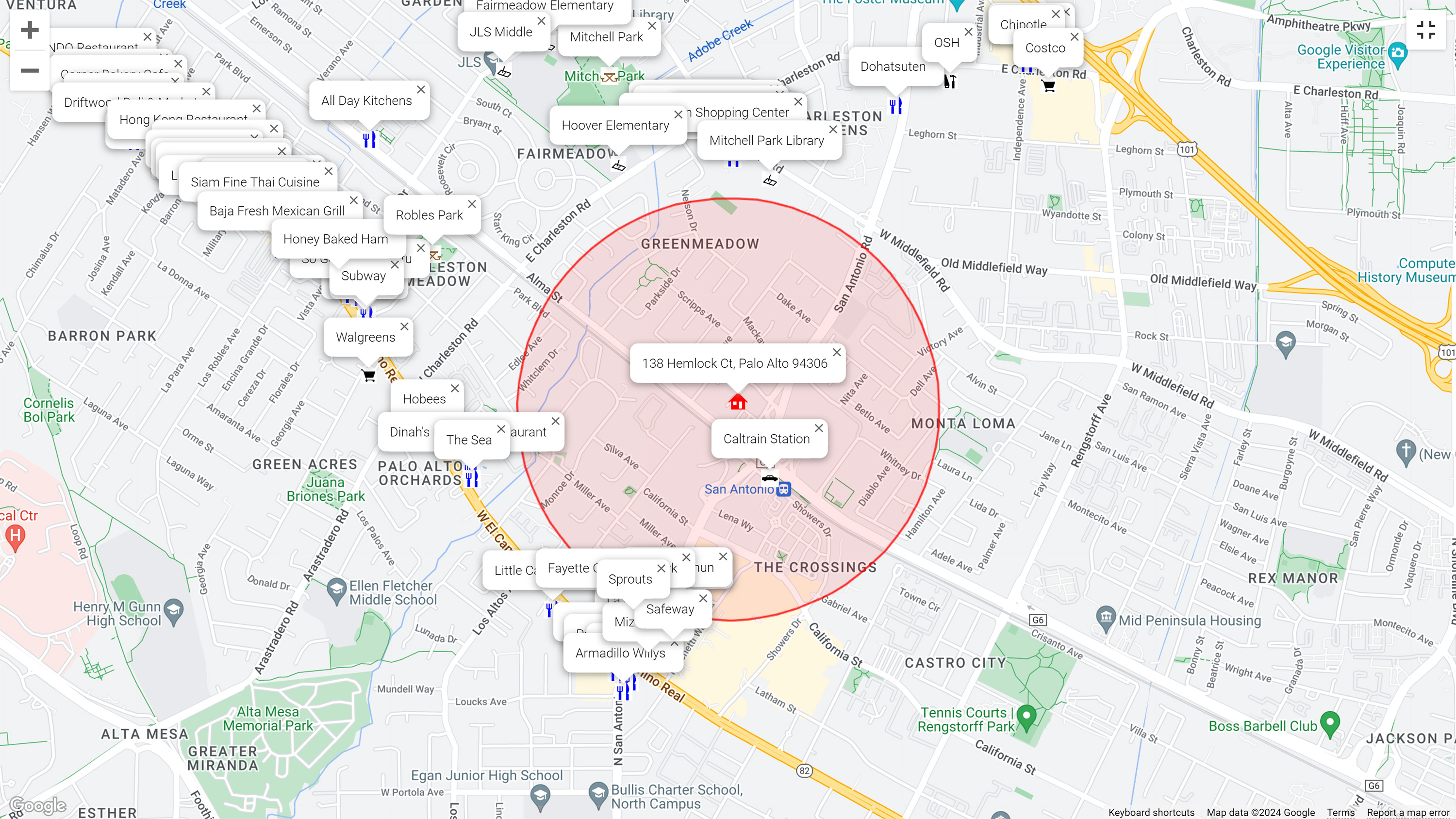 Map of attractions near 138 Hemlock Ct, Palo Alto 94306