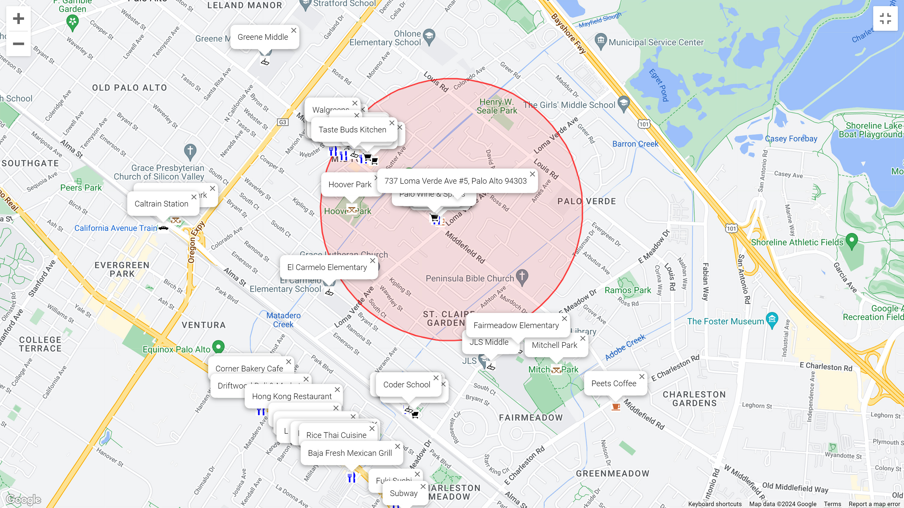 Map of attractions near 737 Loma Verde Ave #5, Palo Alto 94303