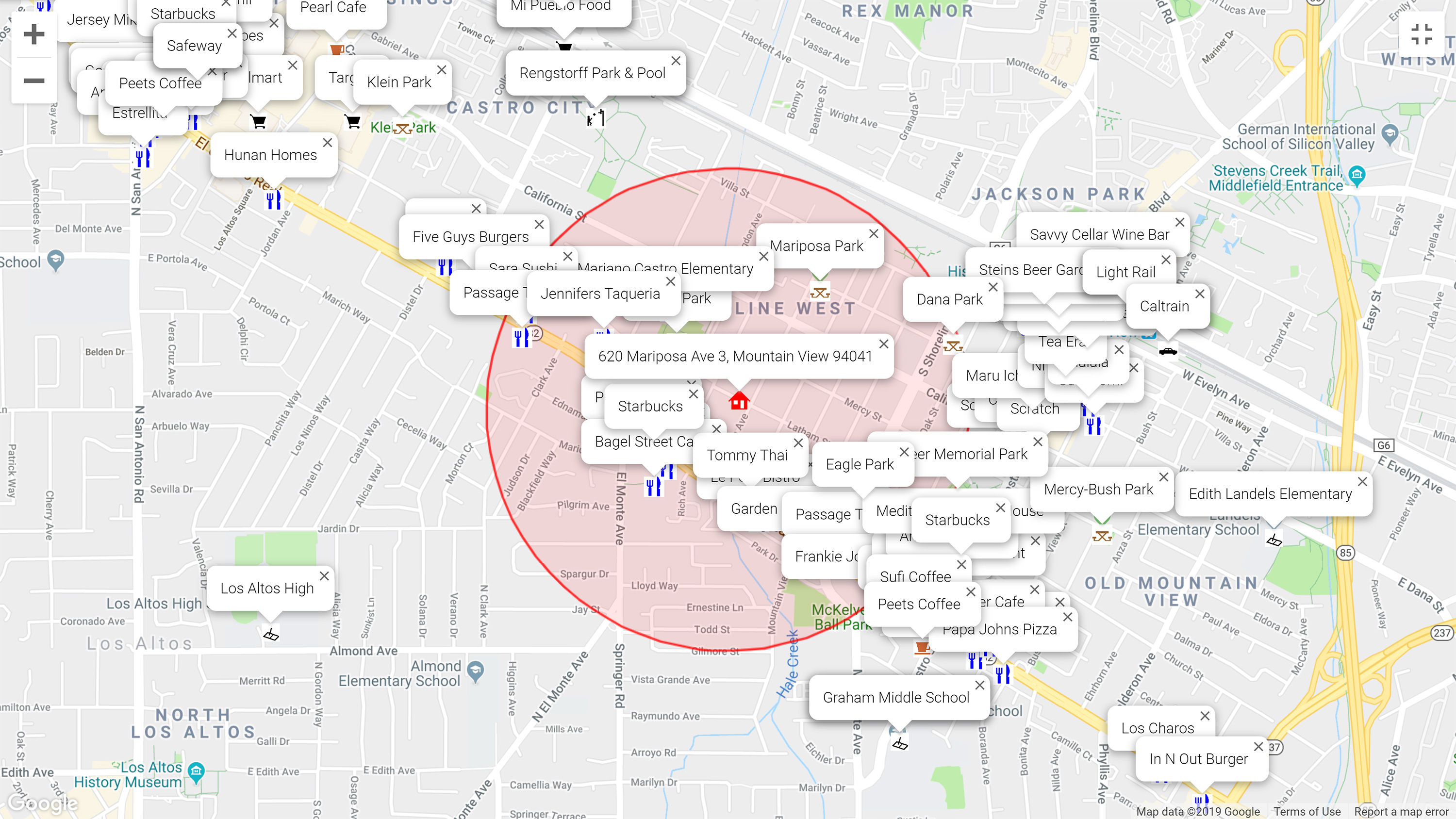 Map of attractions near 620 Mariposa Ave 3, Mountain View 94041