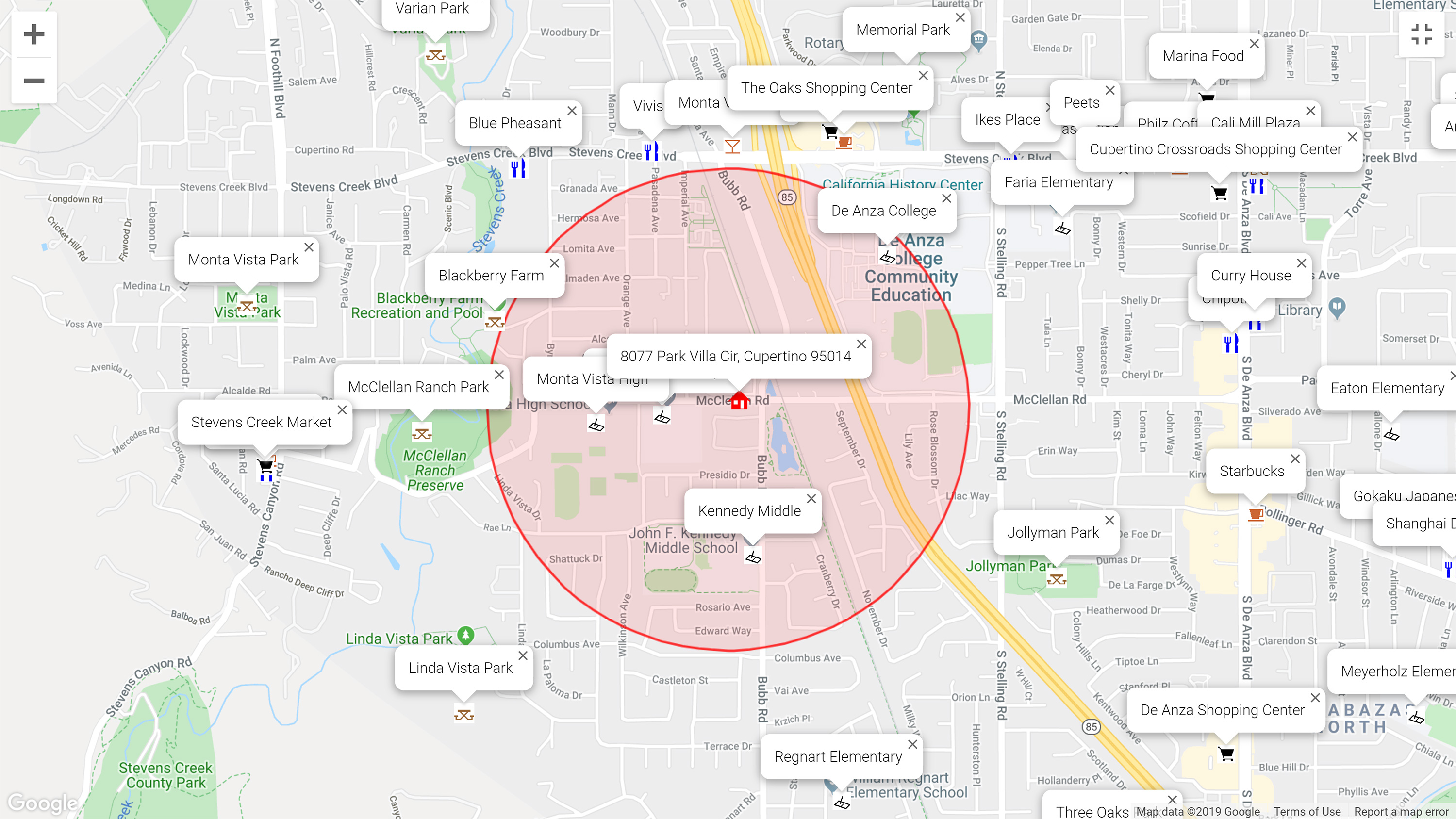 Map of attractions near 8077 Park Villa Cir, Cupertino 95014