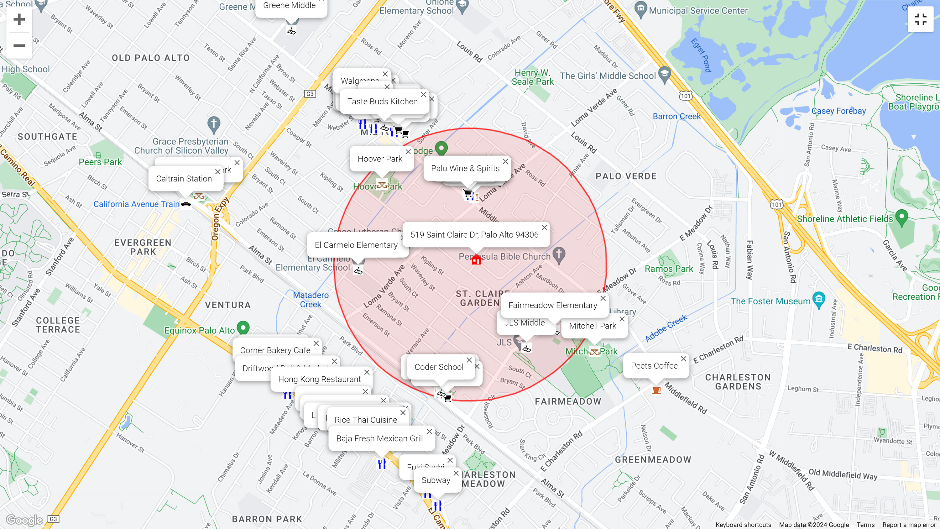 Map of attractions near 519 Saint Claire Dr, Palo Alto 94306