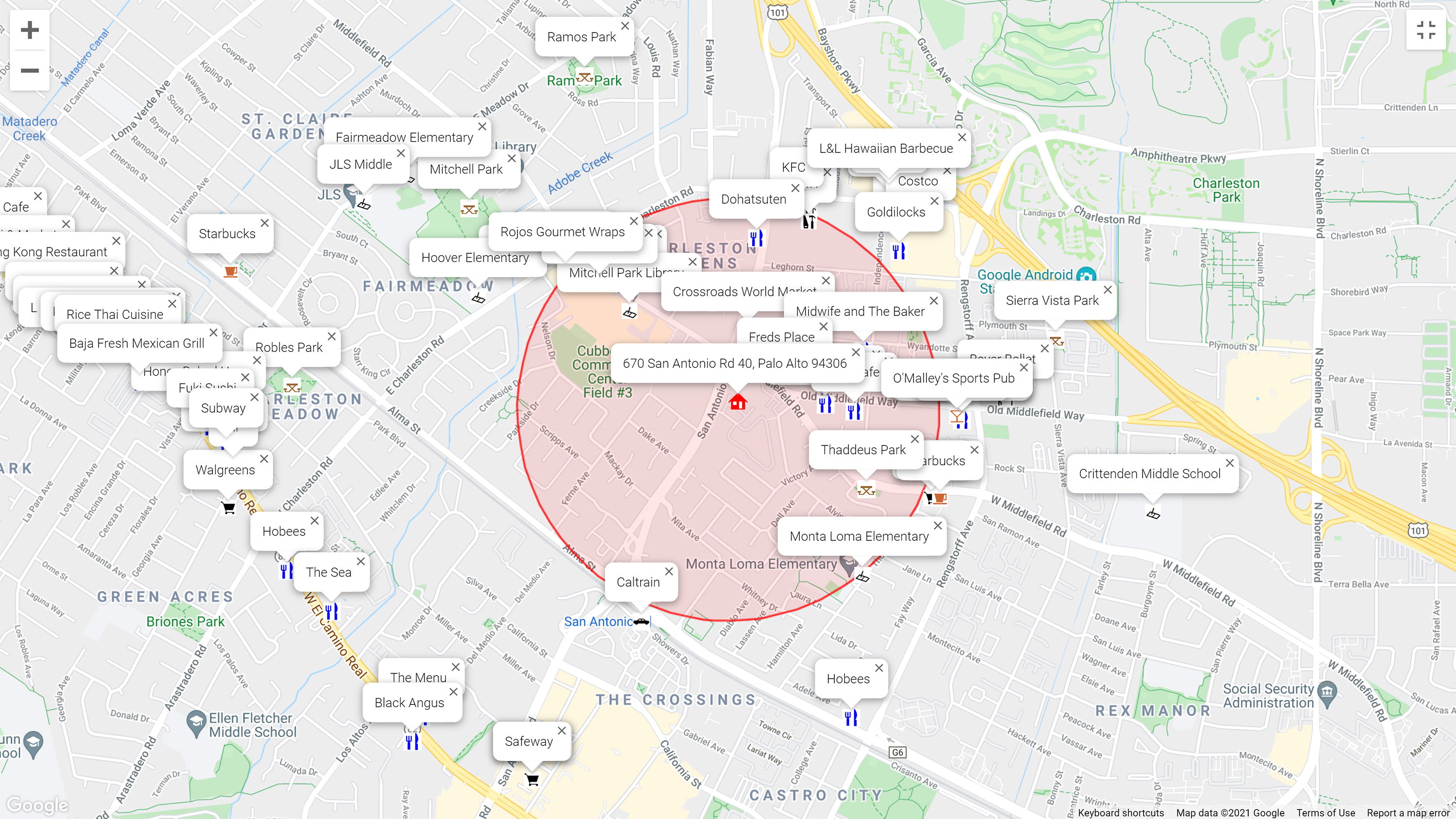 Map of attractions near 670 San Antonio Rd 40, Palo Alto 94303