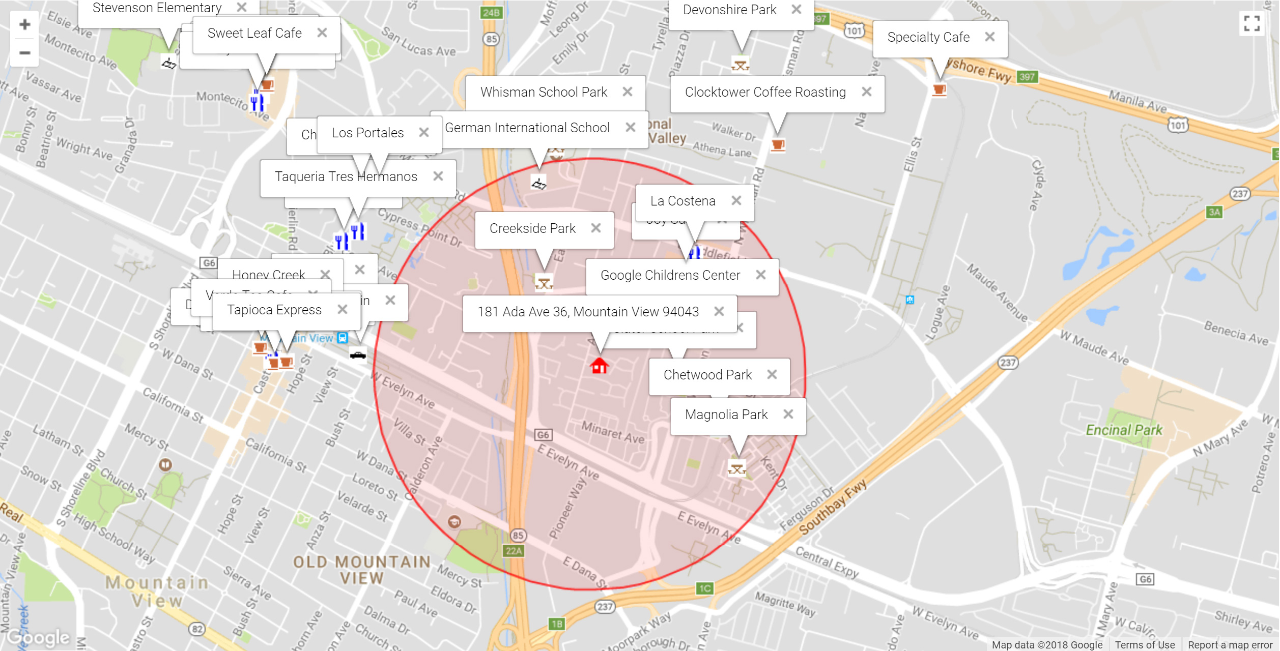 Map of attractions near 181 Ada Ave 36, Mountain View 94043