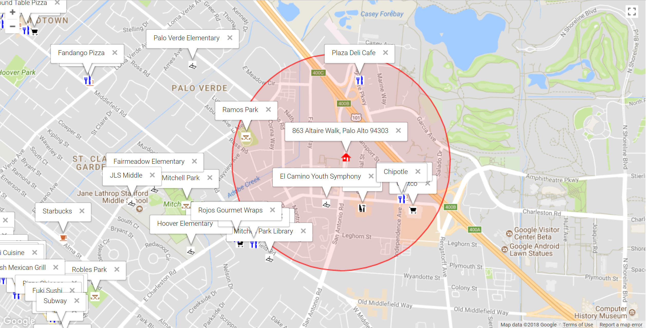 Map of attractions near 863 Altaire Walk, Palo Alto 94303