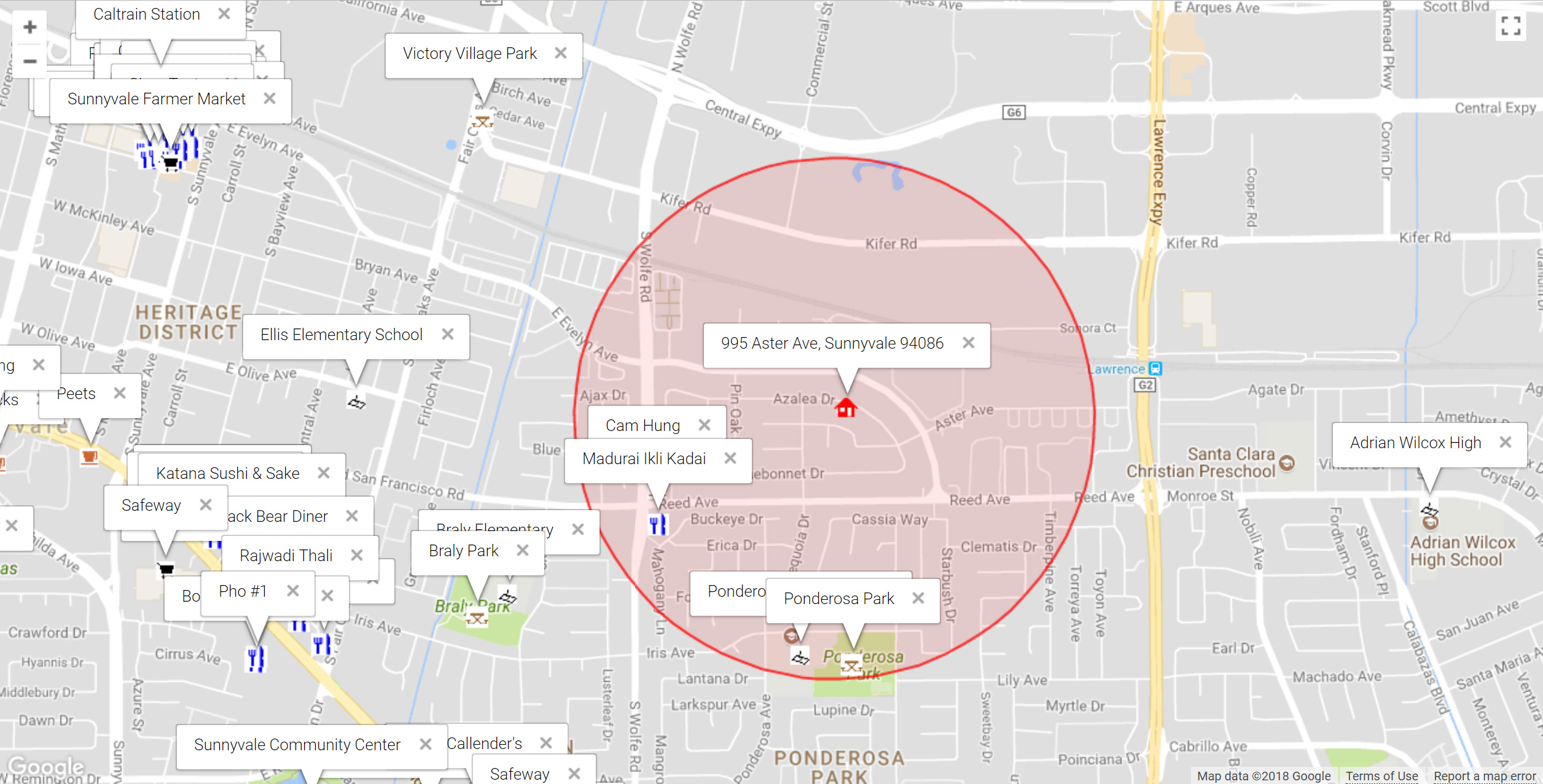 Map of attractions near 995 Aster Ave, Sunnyvale 94086