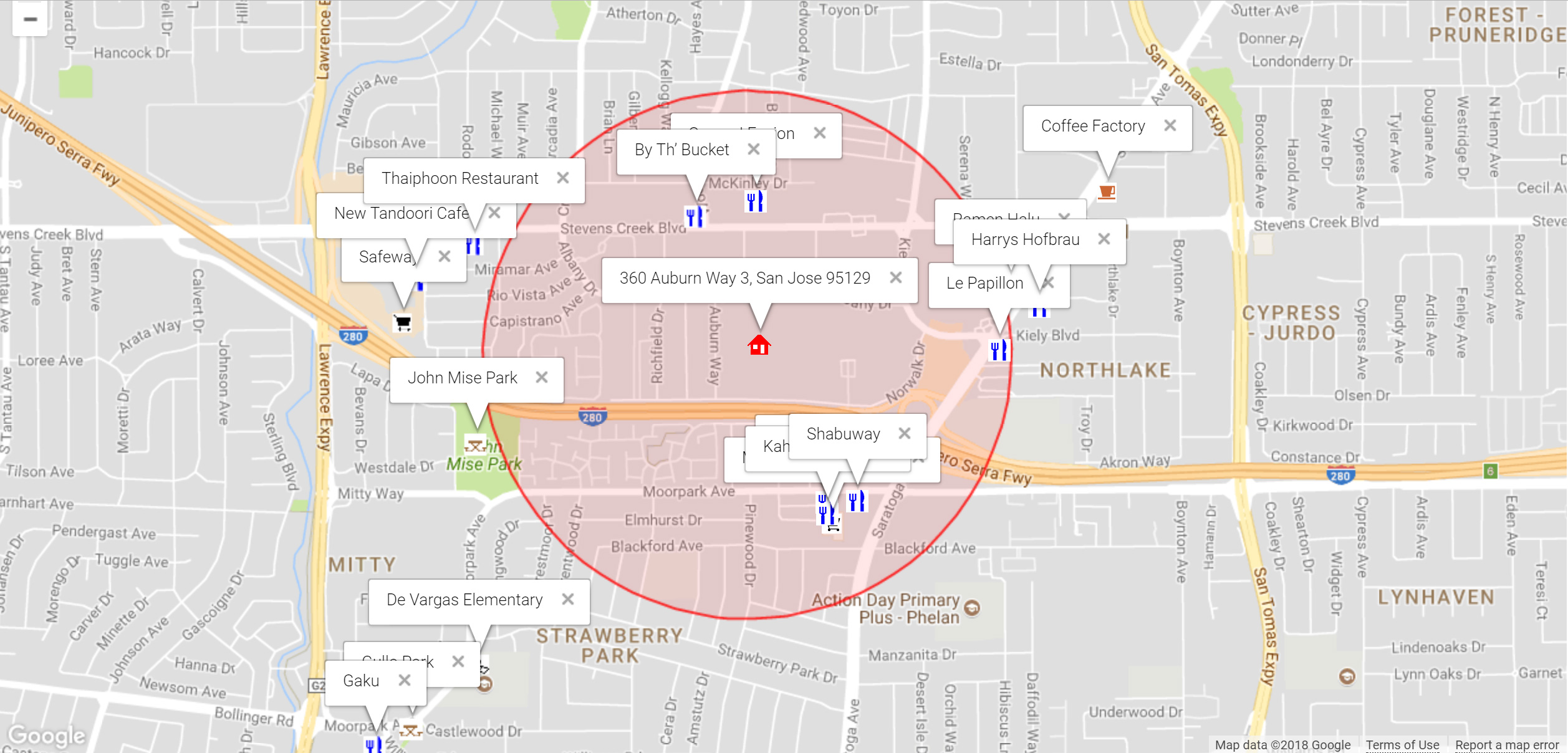 Map of attractions near 360 Auburn Way 3, San Jose 95129