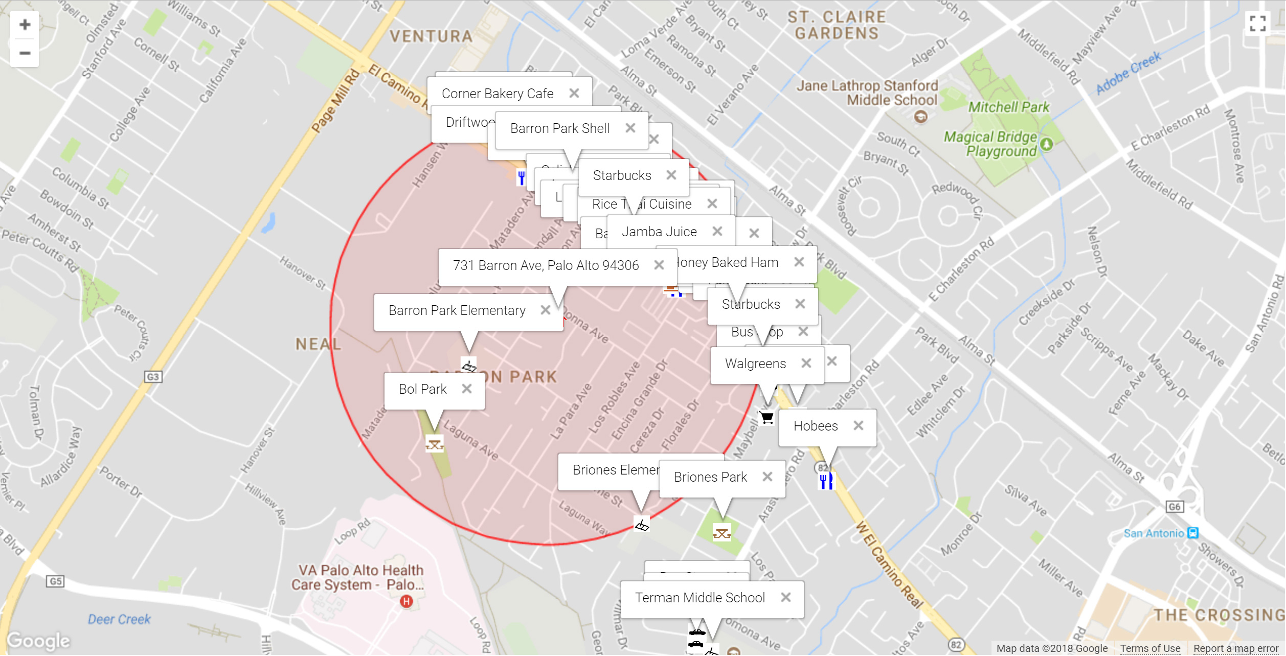 Map of attractions near 731 Barron Ave, Palo Alto 94306