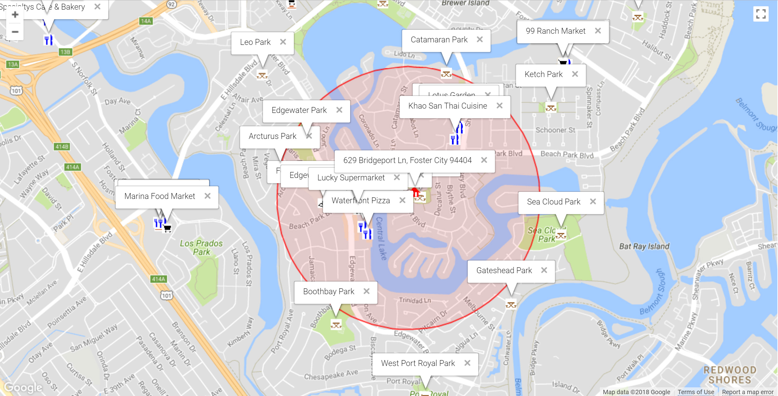 Map of attractions near 629 Bridgeport Ln, Foster City 94404