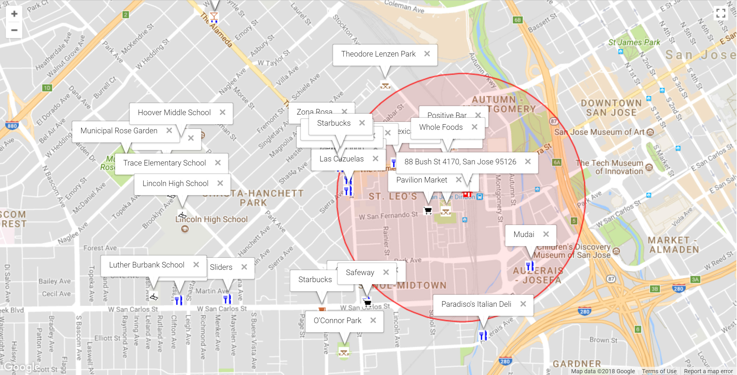 Map of attractions near 88 Bush St 4170, San Jose 95126
