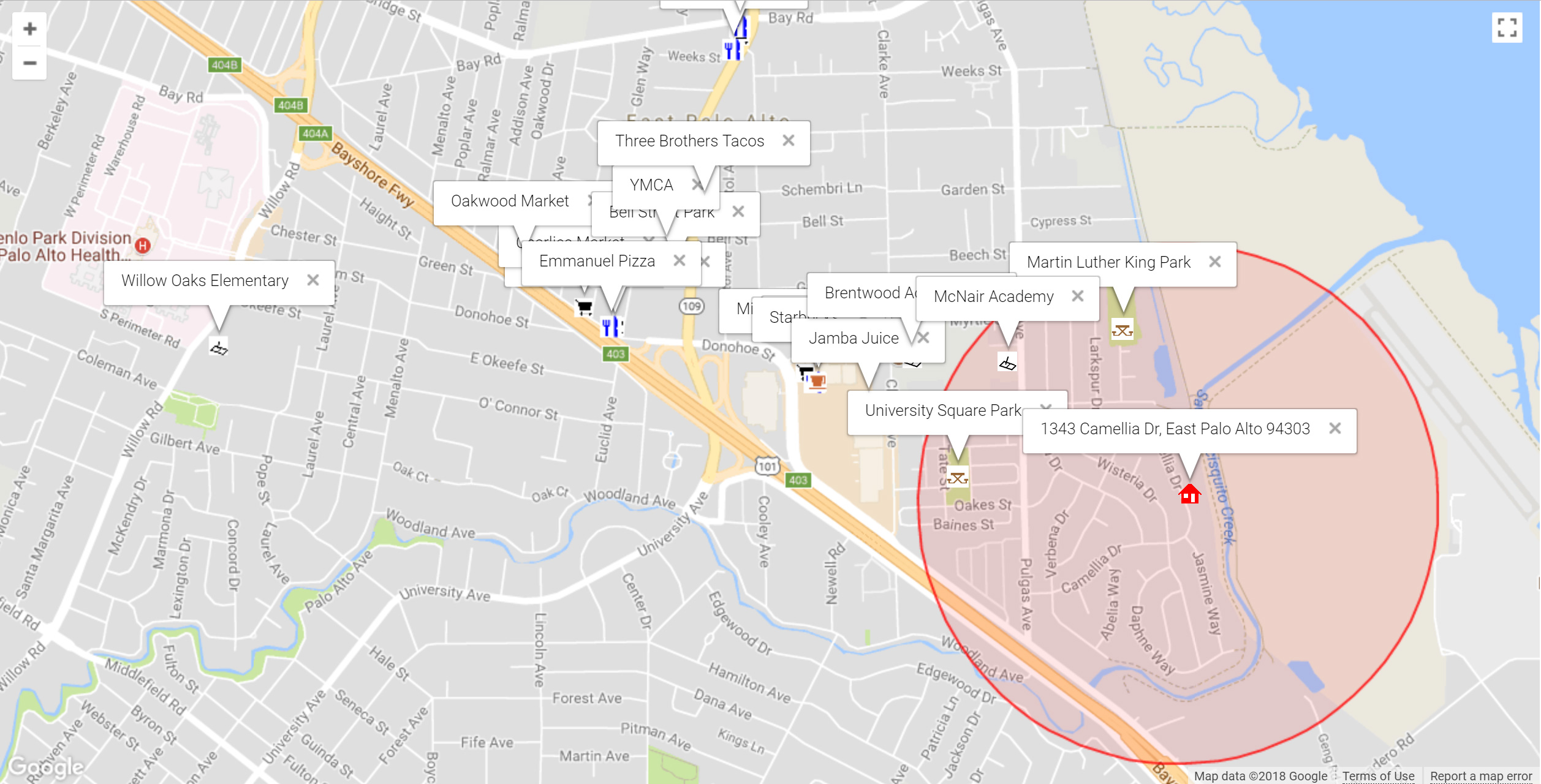 Map of attractions near 1343 Camellia Dr, East Palo Alto 94303