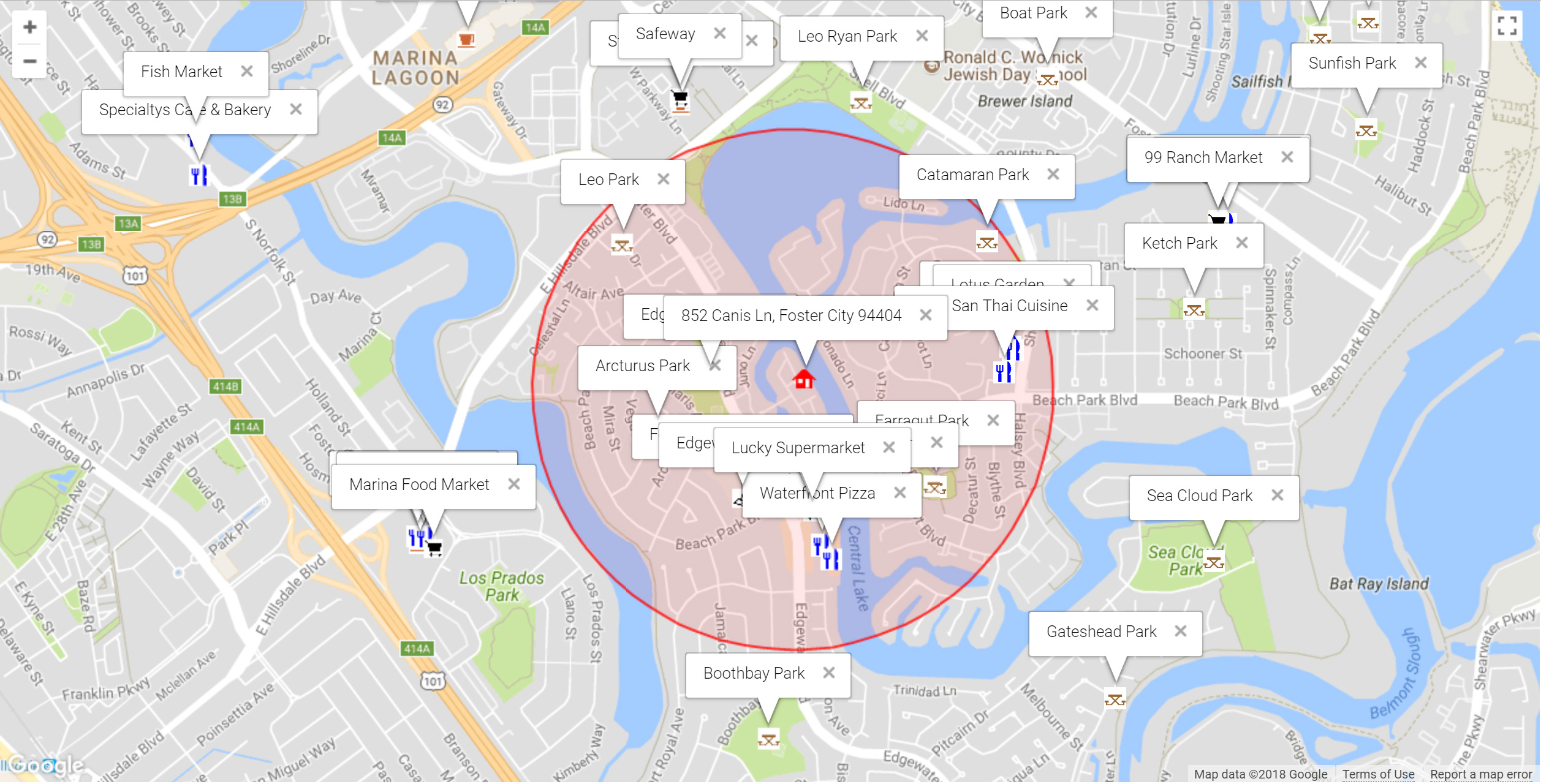 Map of attractions near 852 Canis Ln, Foster City 94404