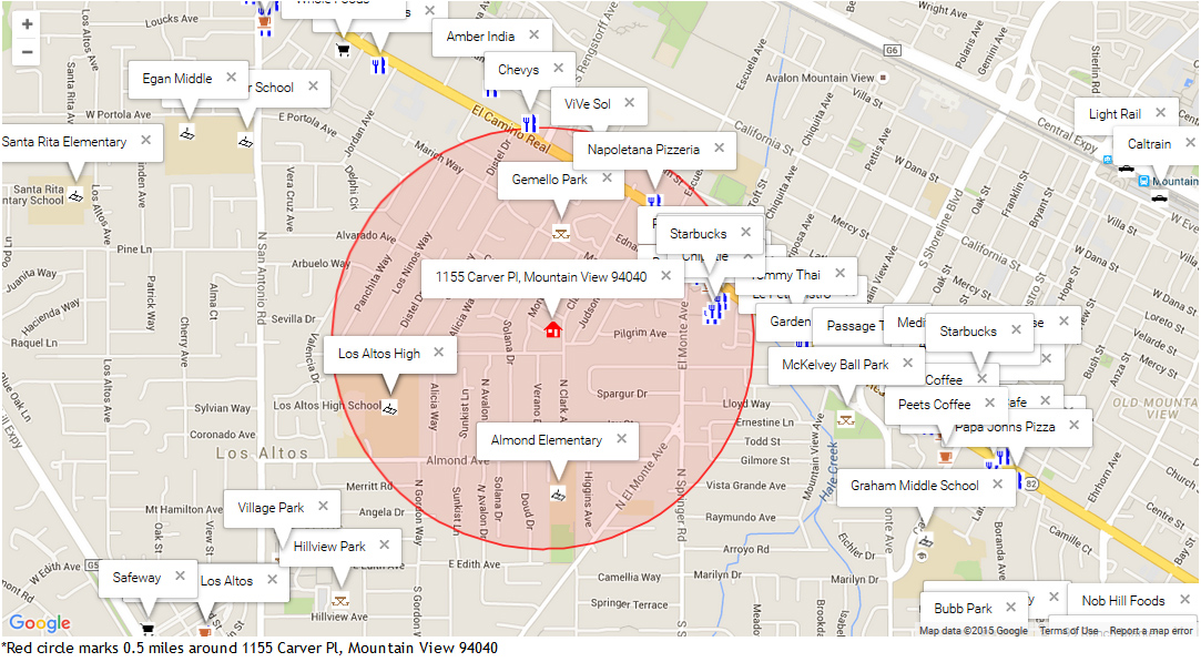 Map of attractions near 1155 Carver Pl, Mountain View 94040