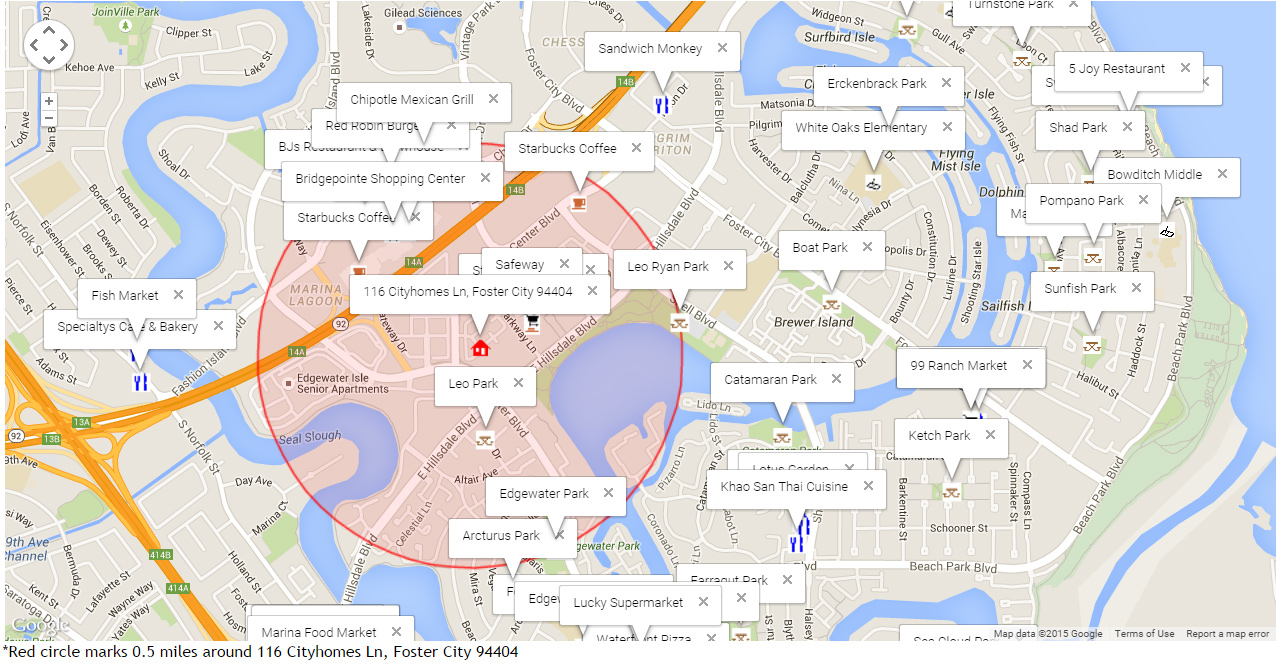 Map of attractions near 116 Cityhomes Ln, Foster City 94404