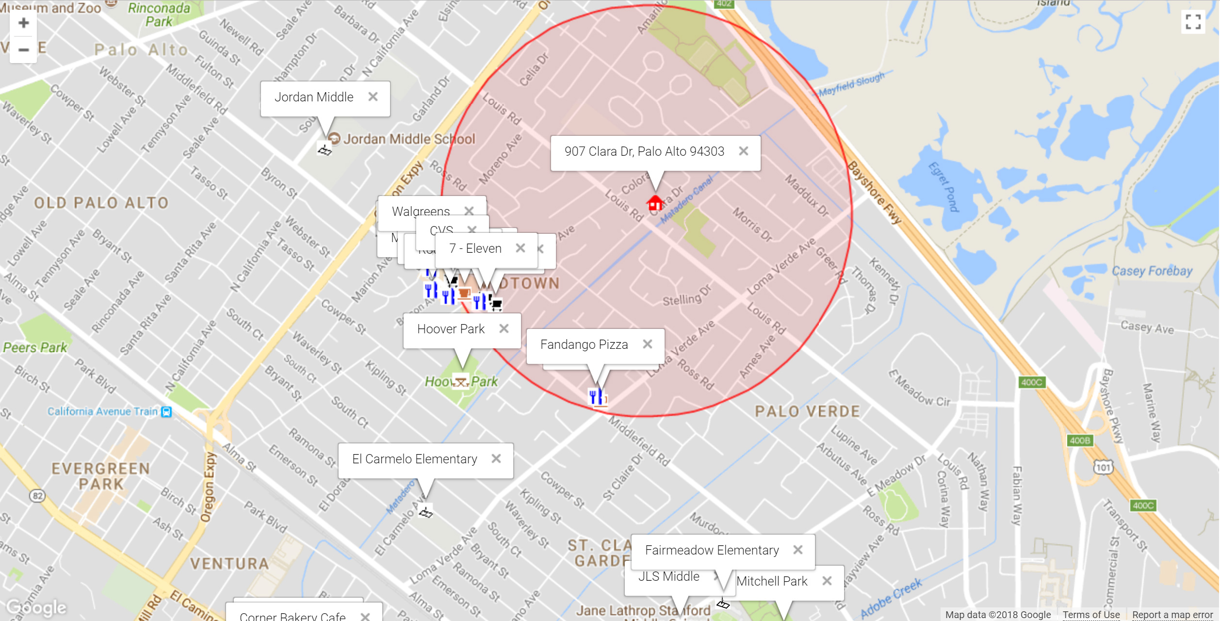 Map of attractions near 907 Clara Dr, Palo Alto 94303