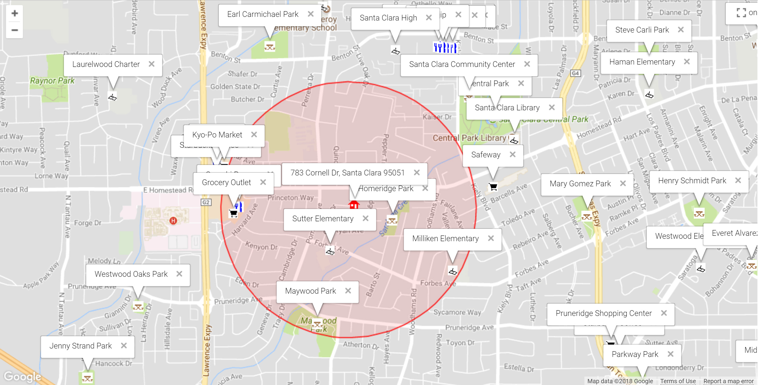 Map of attractions near 783 Cornell Dr, Santa Clara 95051