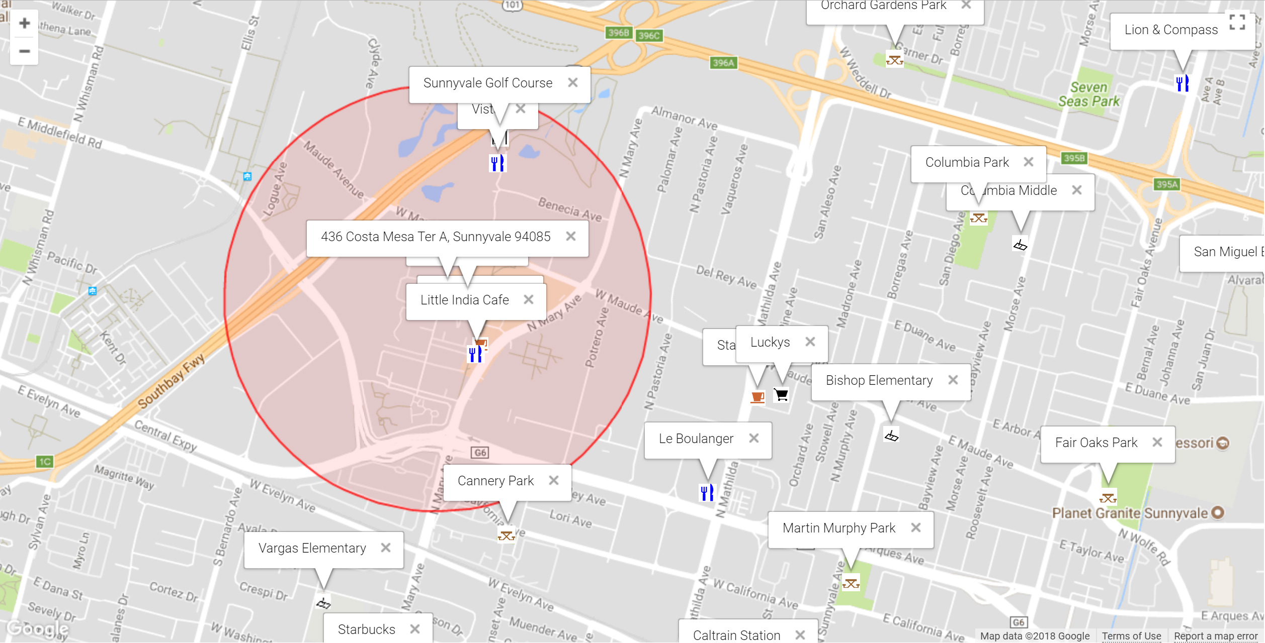 Map of attractions near 436 Costa Mesa Ter A, Sunnyvale 94085