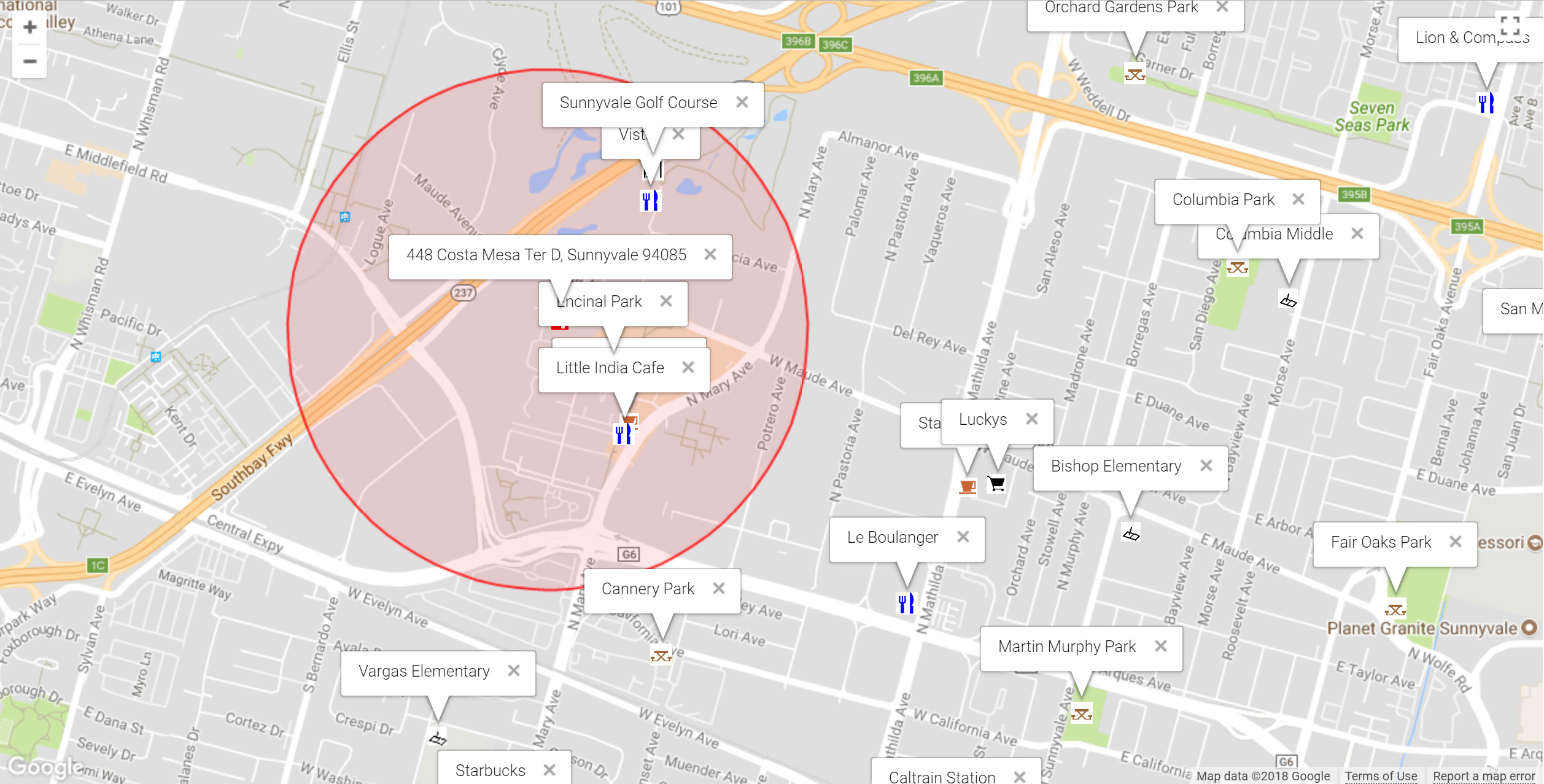 Map of attractions near 448 Costa Mesa Ter D, Sunnyvale 94085