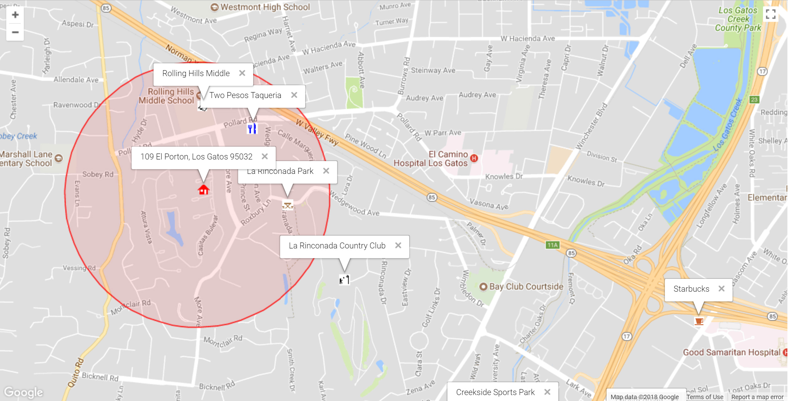 Map of attractions near 109 El Porton, Los Gatos 95032