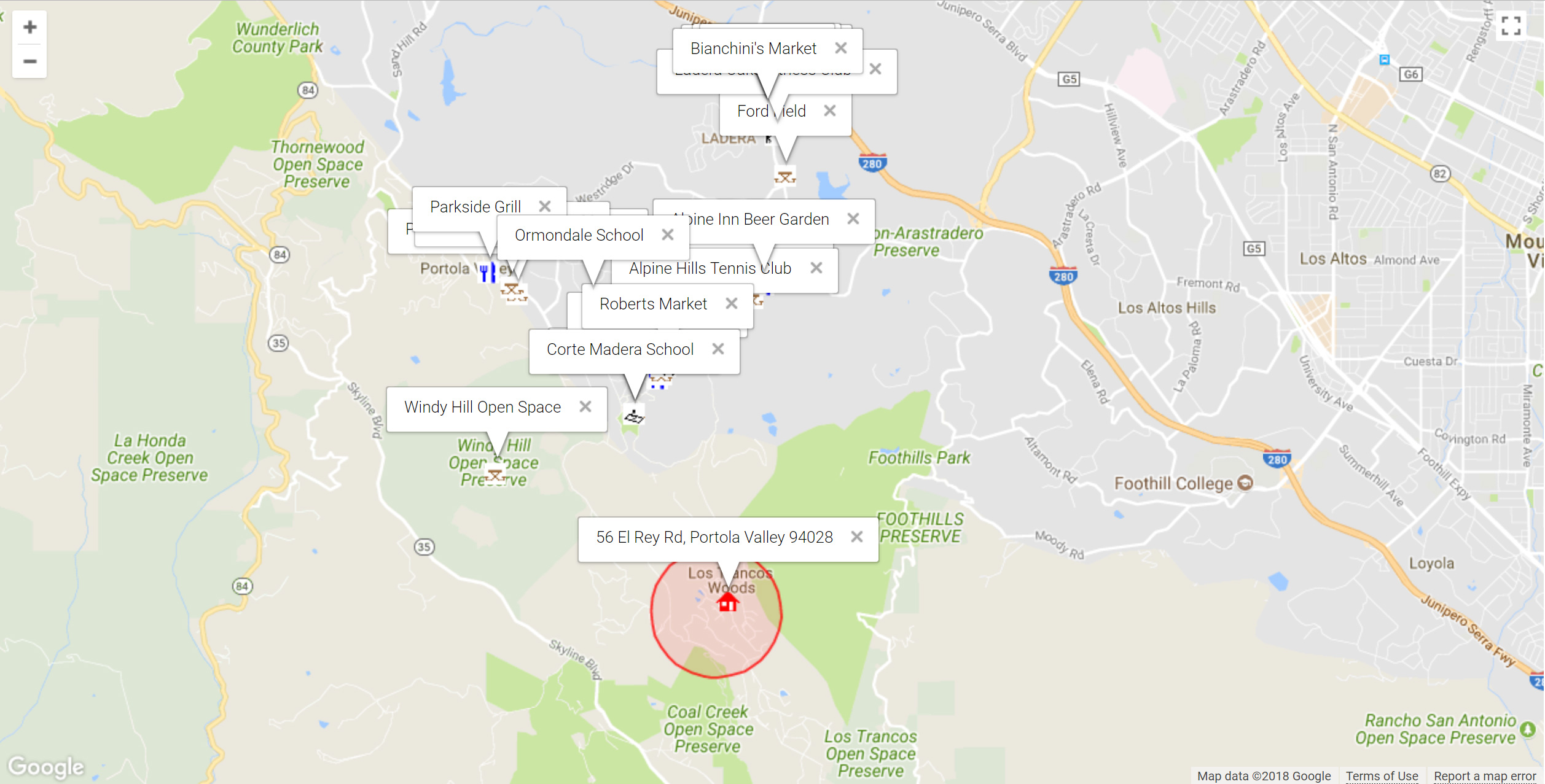 Map of attractions near 56 El Rey Rd, Portola Valley 94028