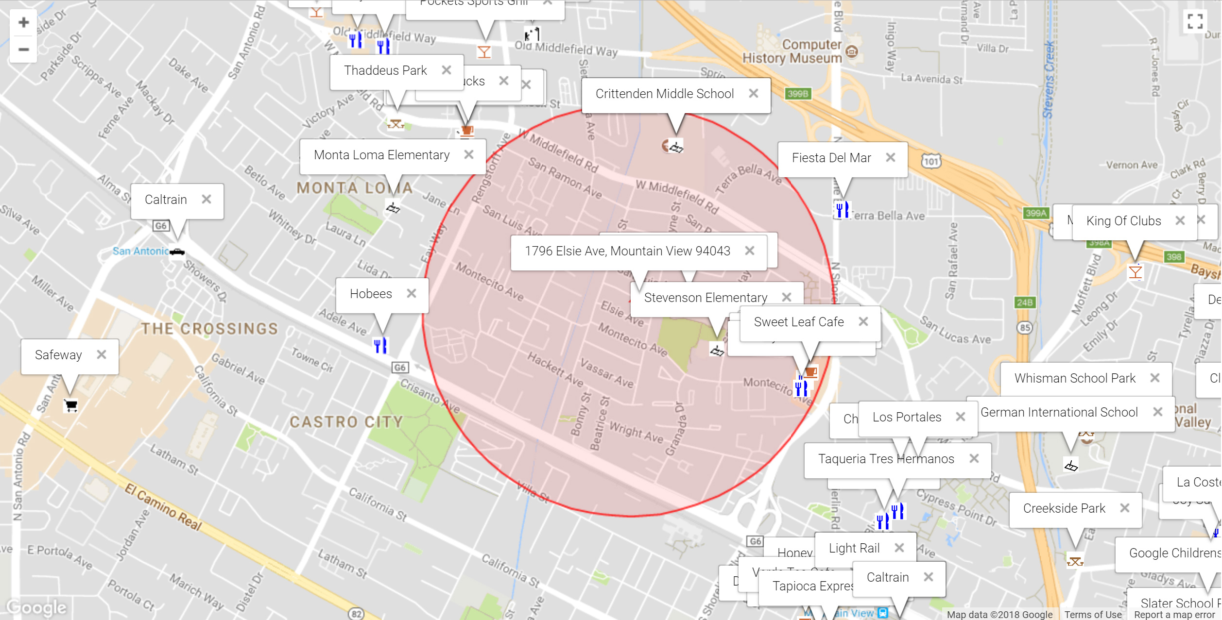 Map of attractions near 1796 Elsie Ave, Mountain View 94043