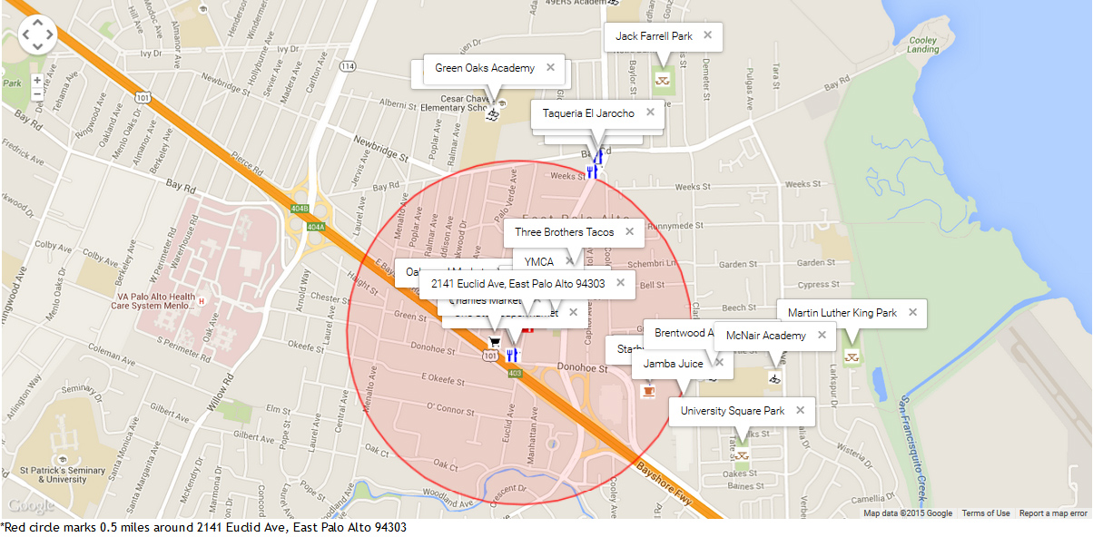 Map of attractions near 2141 Euclid Ave, East Palo Alto 94303