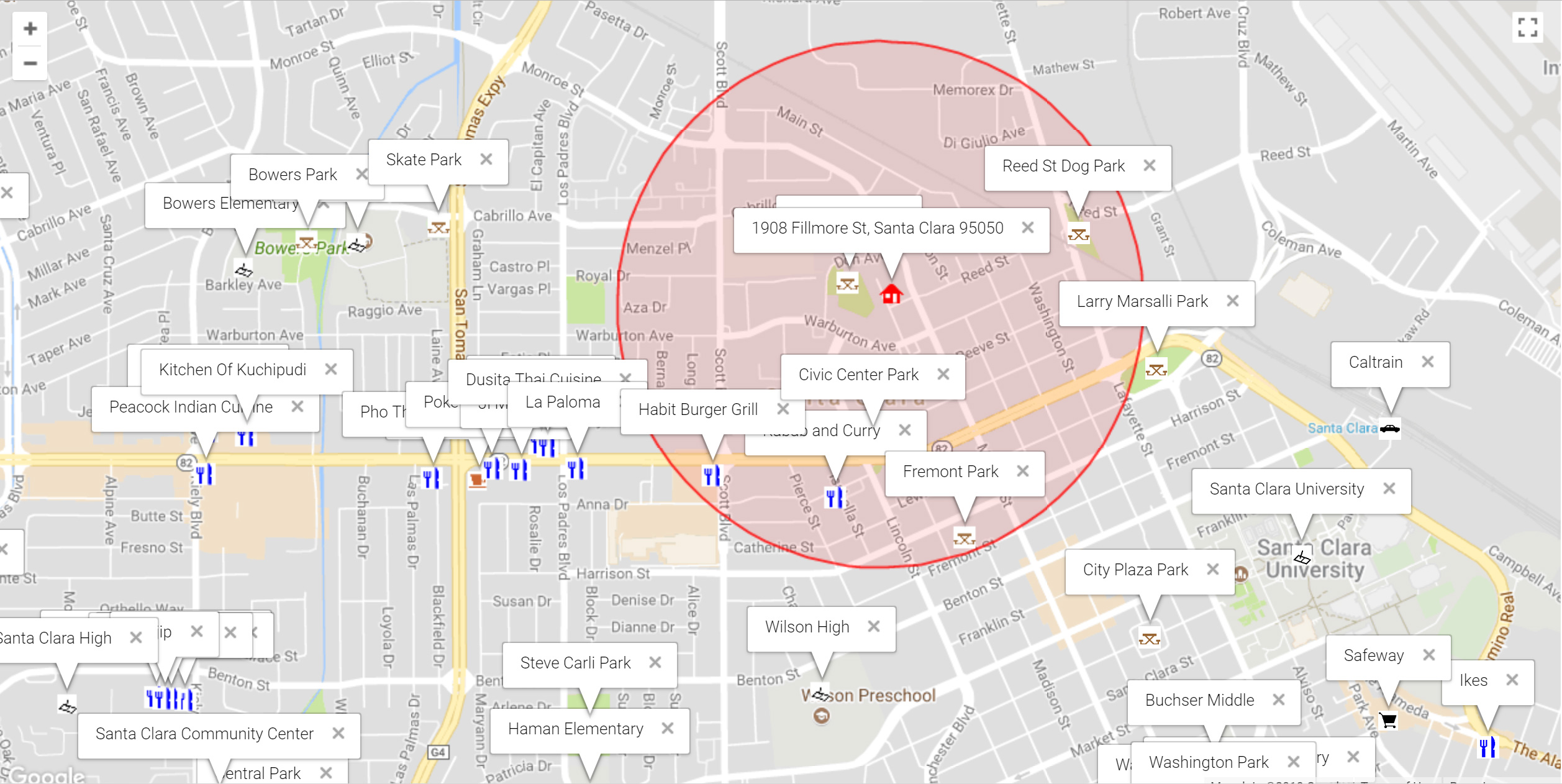 Map of attractions near 1908 Fillmore St, Santa Clara 95050