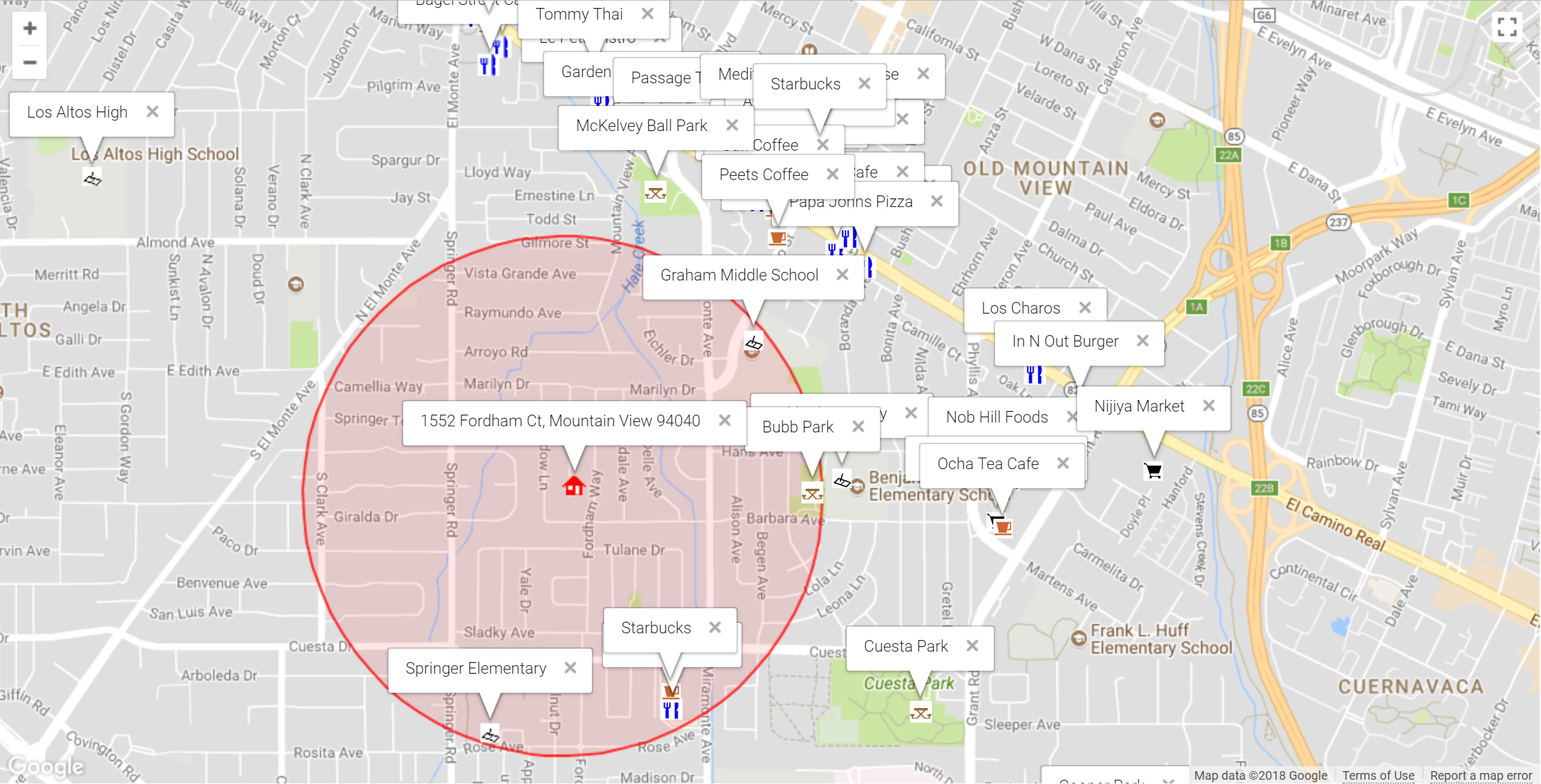 Map of attractions near 1552 Fordham Ct, Mountain View 94040