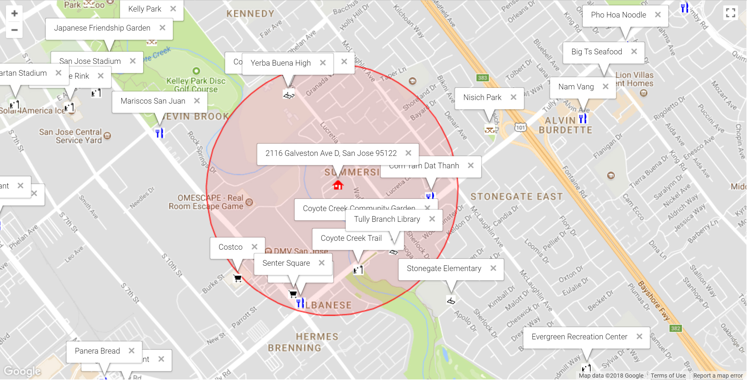 Map of attractions near 2116 Galveston Ave D, San Jose 95122