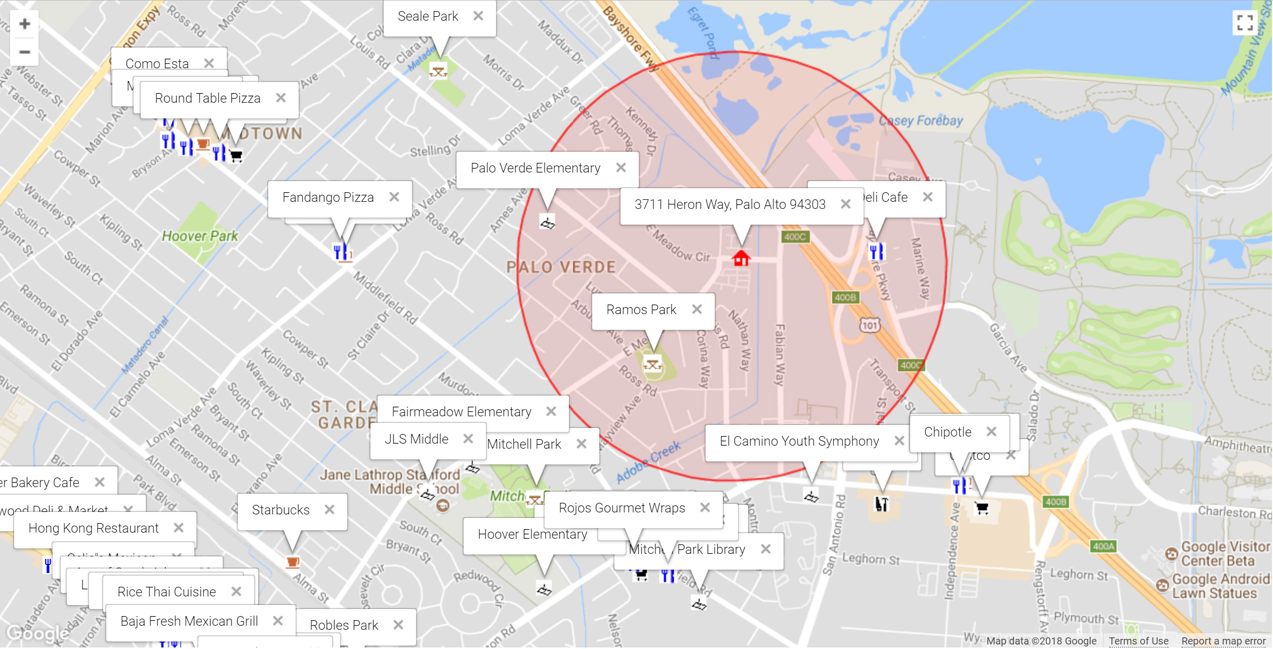 Map of attractions near 3711 Heron Way, Palo Alto 94303
