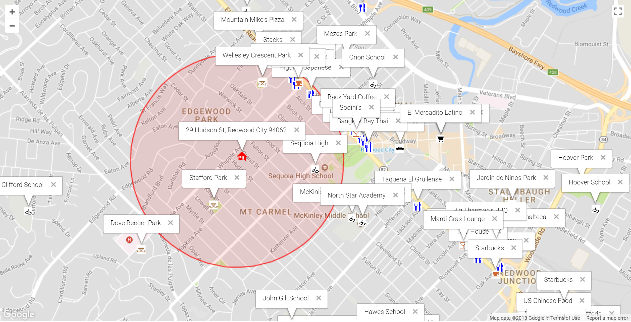 Map of attractions near 29 Hudson St, Redwood City 94062