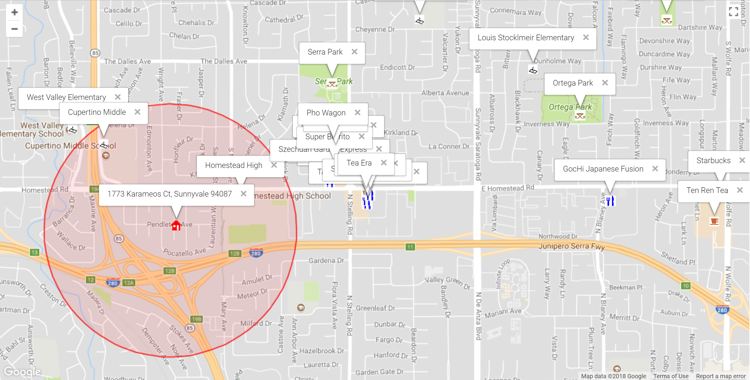 Map of attractions near 1773 Karameos Ct, Sunnyvale 94087