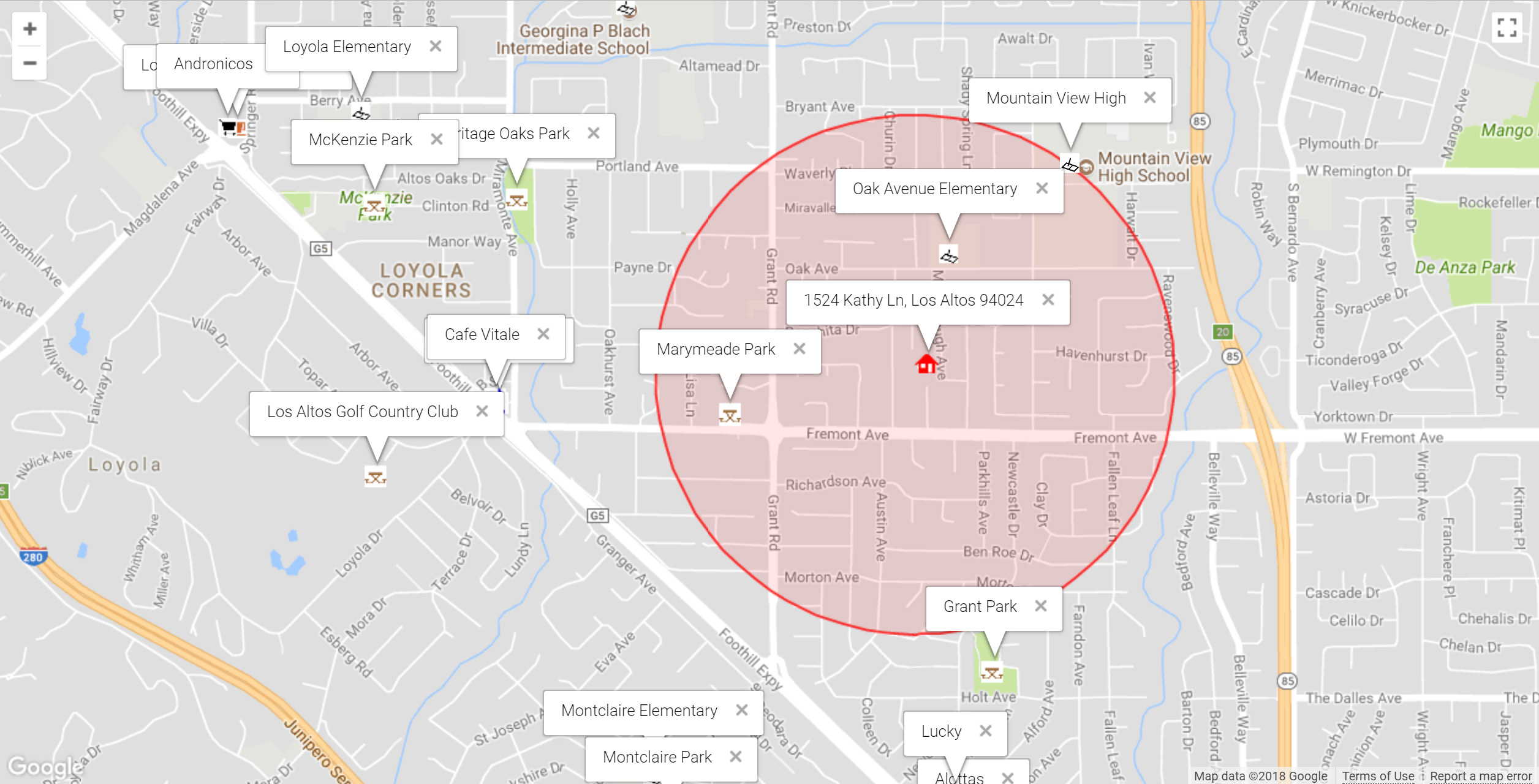 Map of attractions near 1524 Kathy Ln, Los Altos 94024