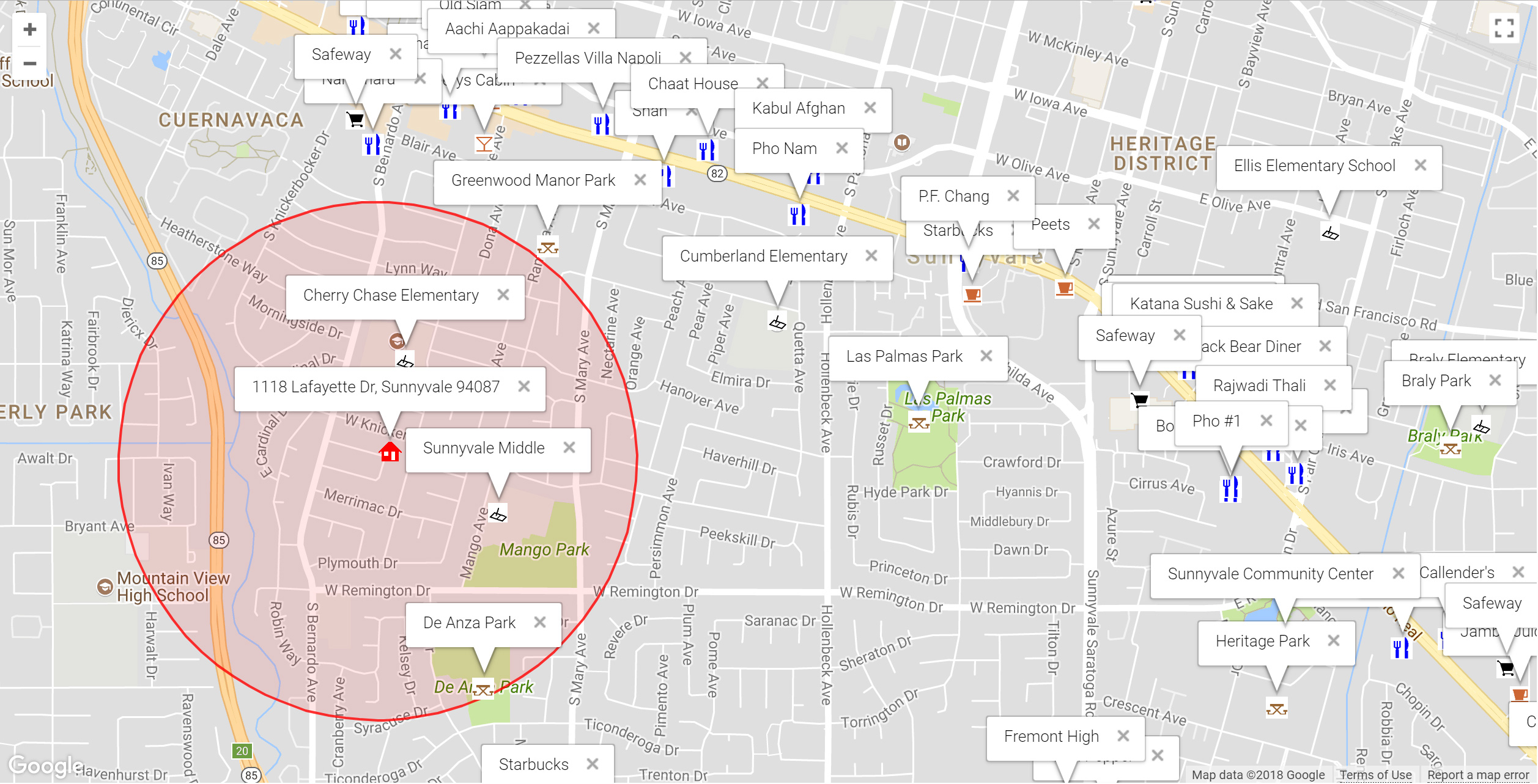 Map of attractions near 1118 Lafayette Dr, Sunnyvale 94087