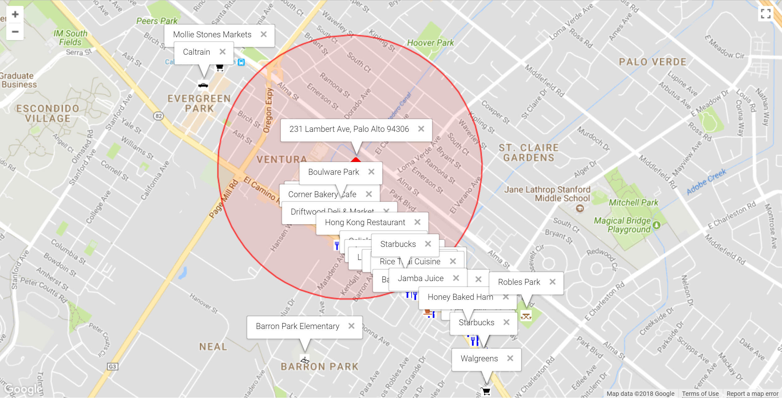Map of attractions near 231 Lambert Ave, Palo Alto 94306