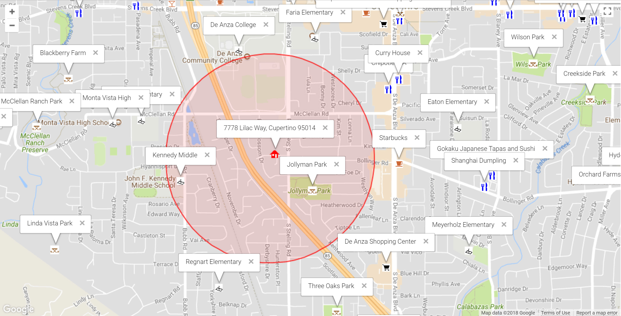 Map of attractions near 7778 Lilac Way, Cupertino 95014