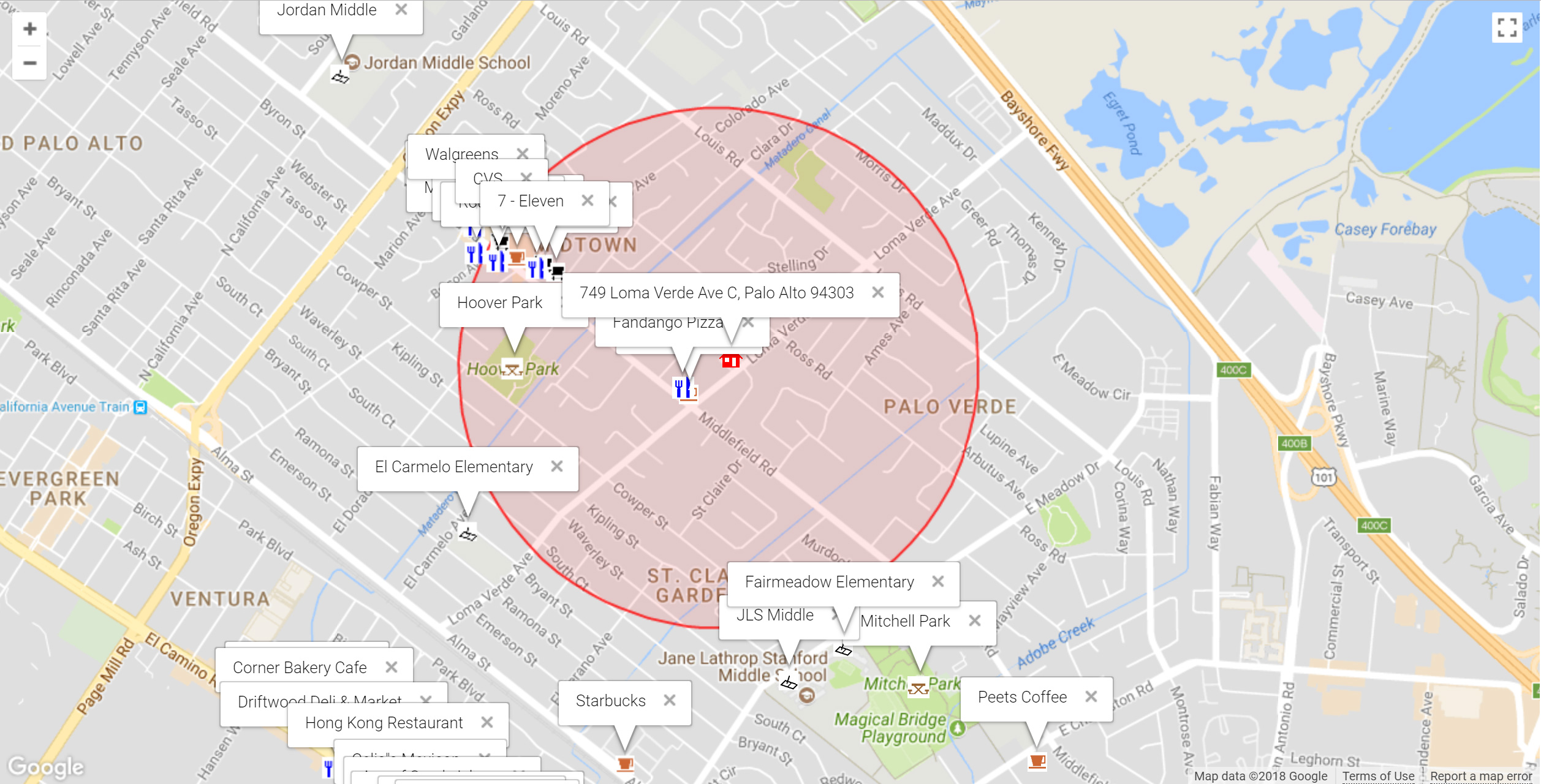 Map of attractions near 749 Loma Verde Ave C, Palo Alto 94303