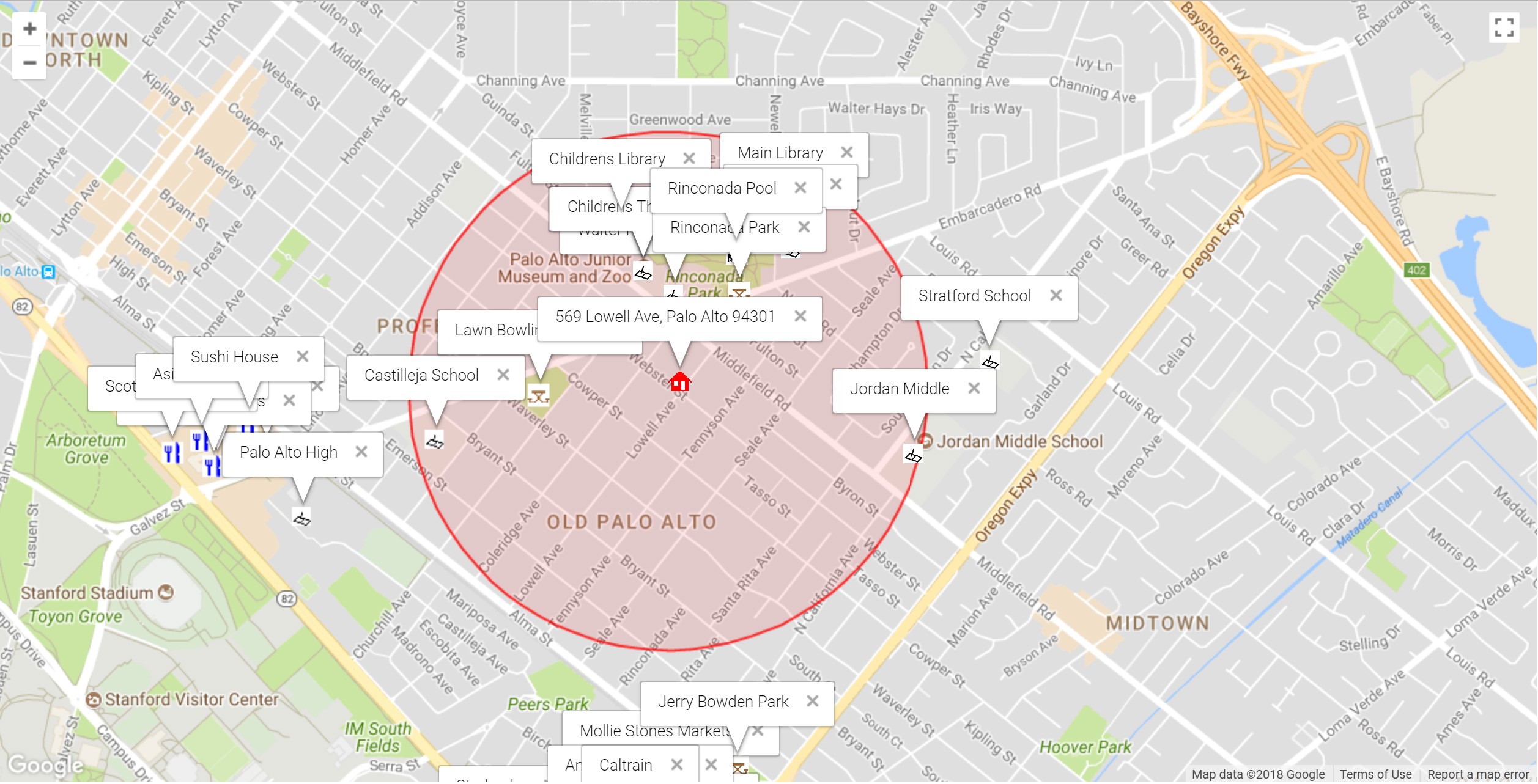 Map of attractions near 569 Lowell Ave, Palo Alto 94301