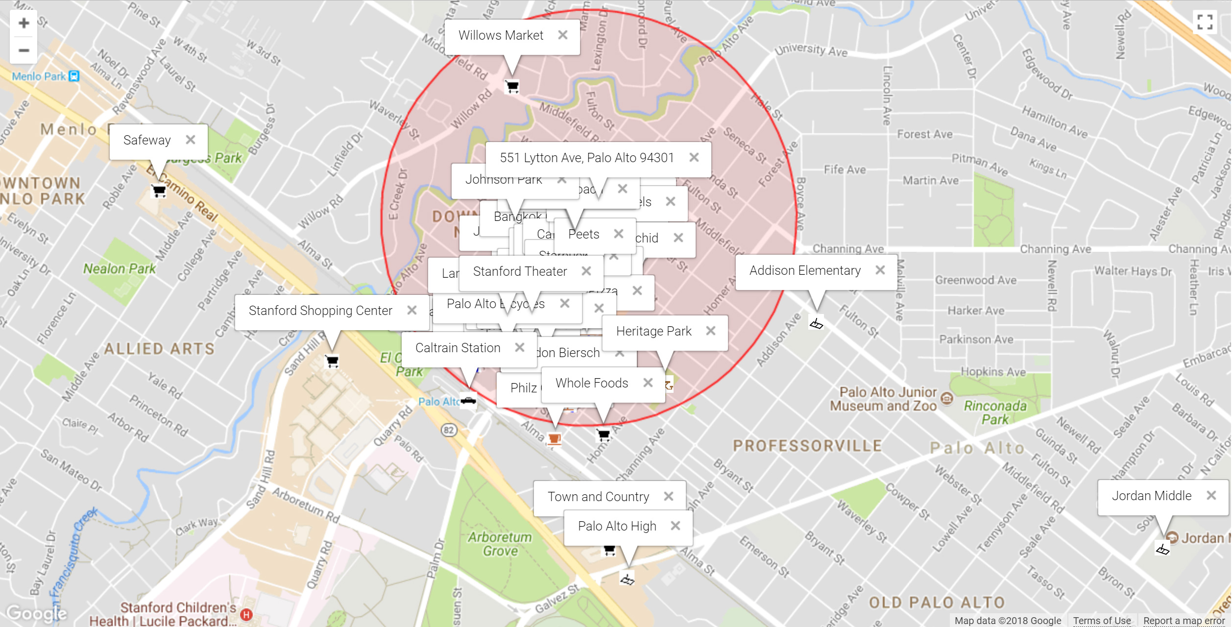 Map of attractions near 551 Lytton Ave, Palo Alto 94301