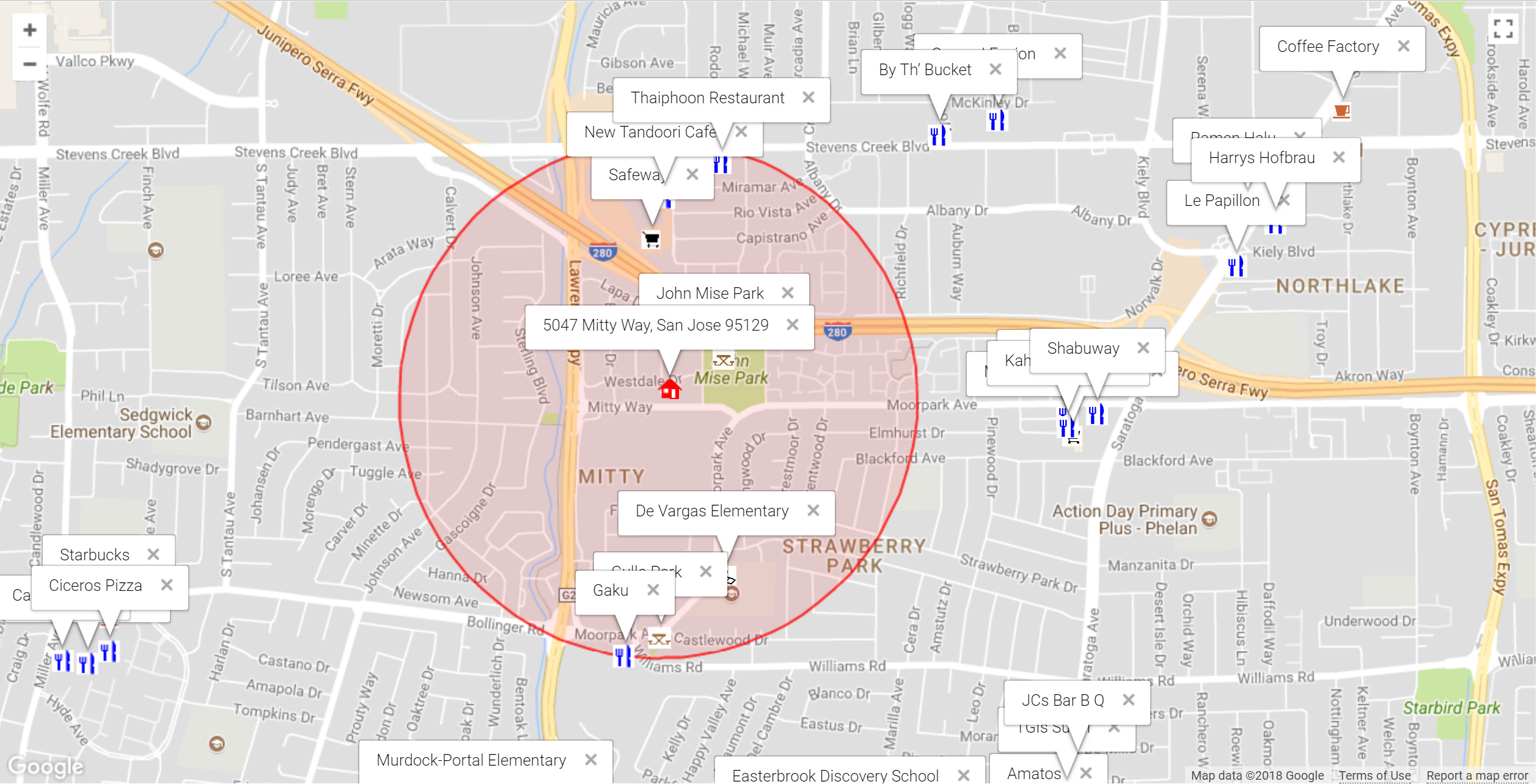 Map of attractions near 5047 Mitty Way, San Jose 95129