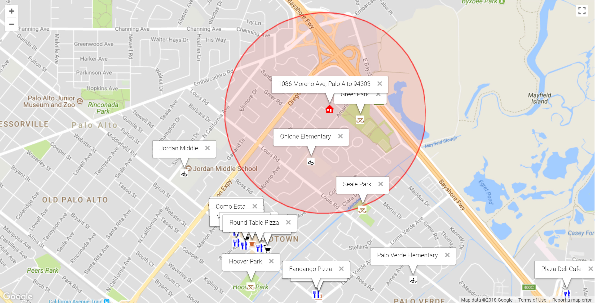 Map of attractions near 1086 Moreno Ave, Palo Alto 94303
