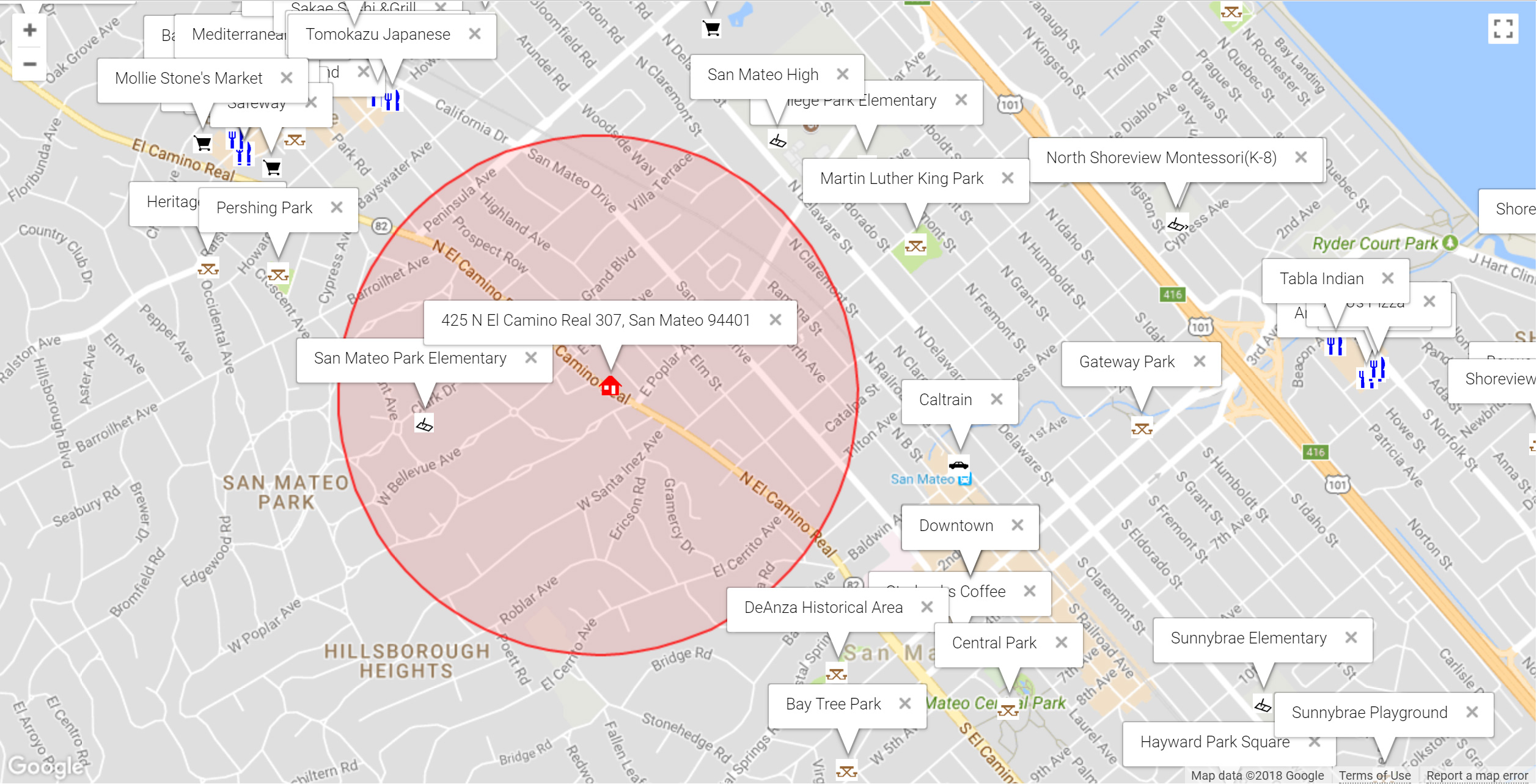 Map of attractions near 425 N El Camino Real 307, San Mateo 94401