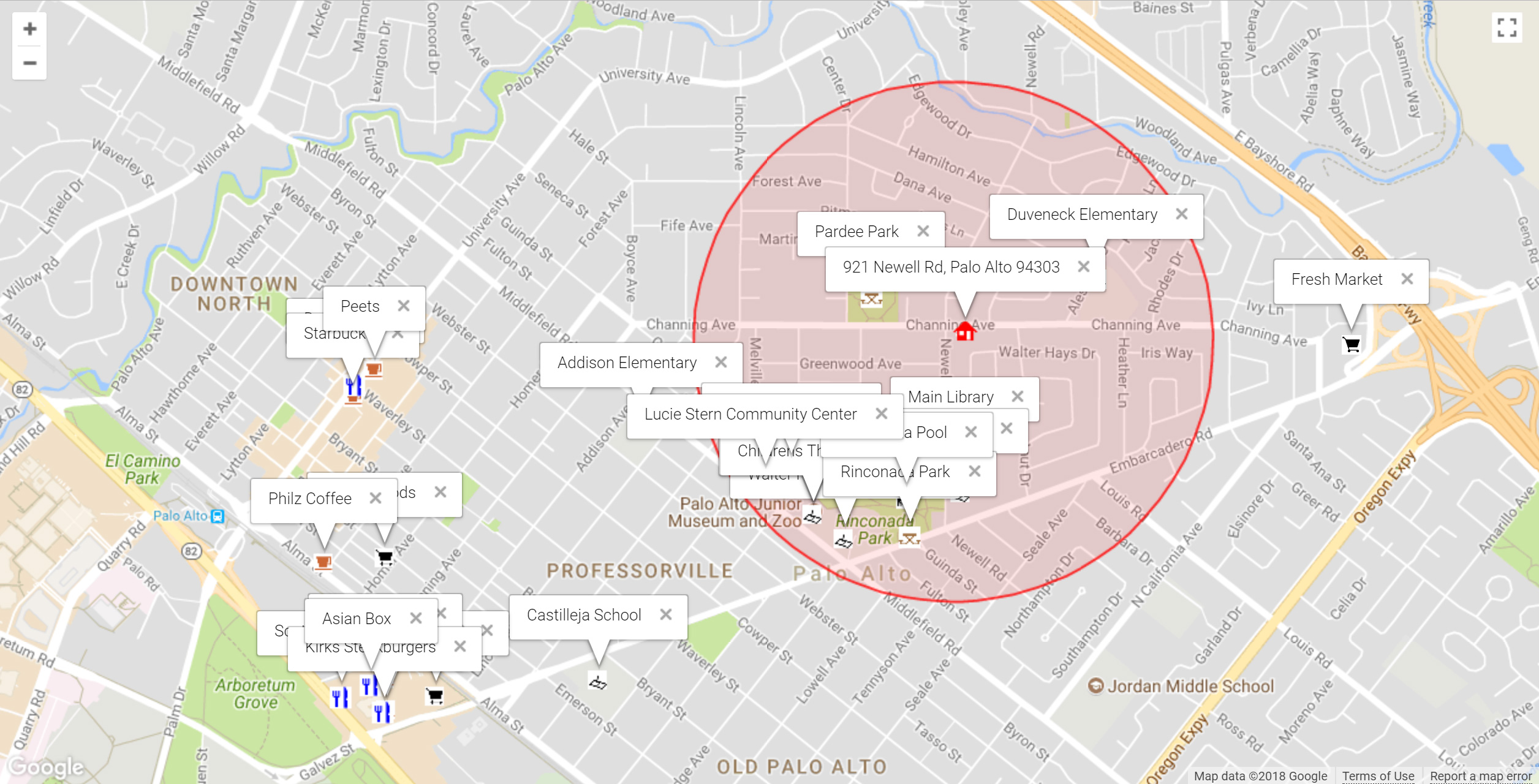 Map of attractions near 921 Newell Rd, Palo Alto 94303