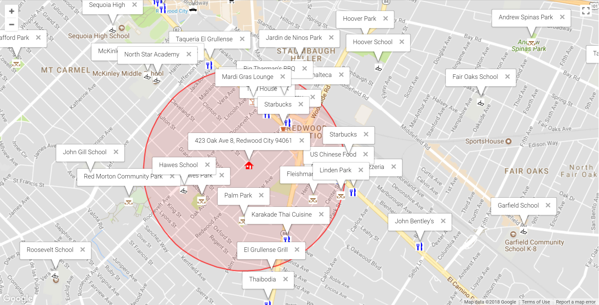 Map of attractions near 423 Oak Ave 8, Redwood City 94061